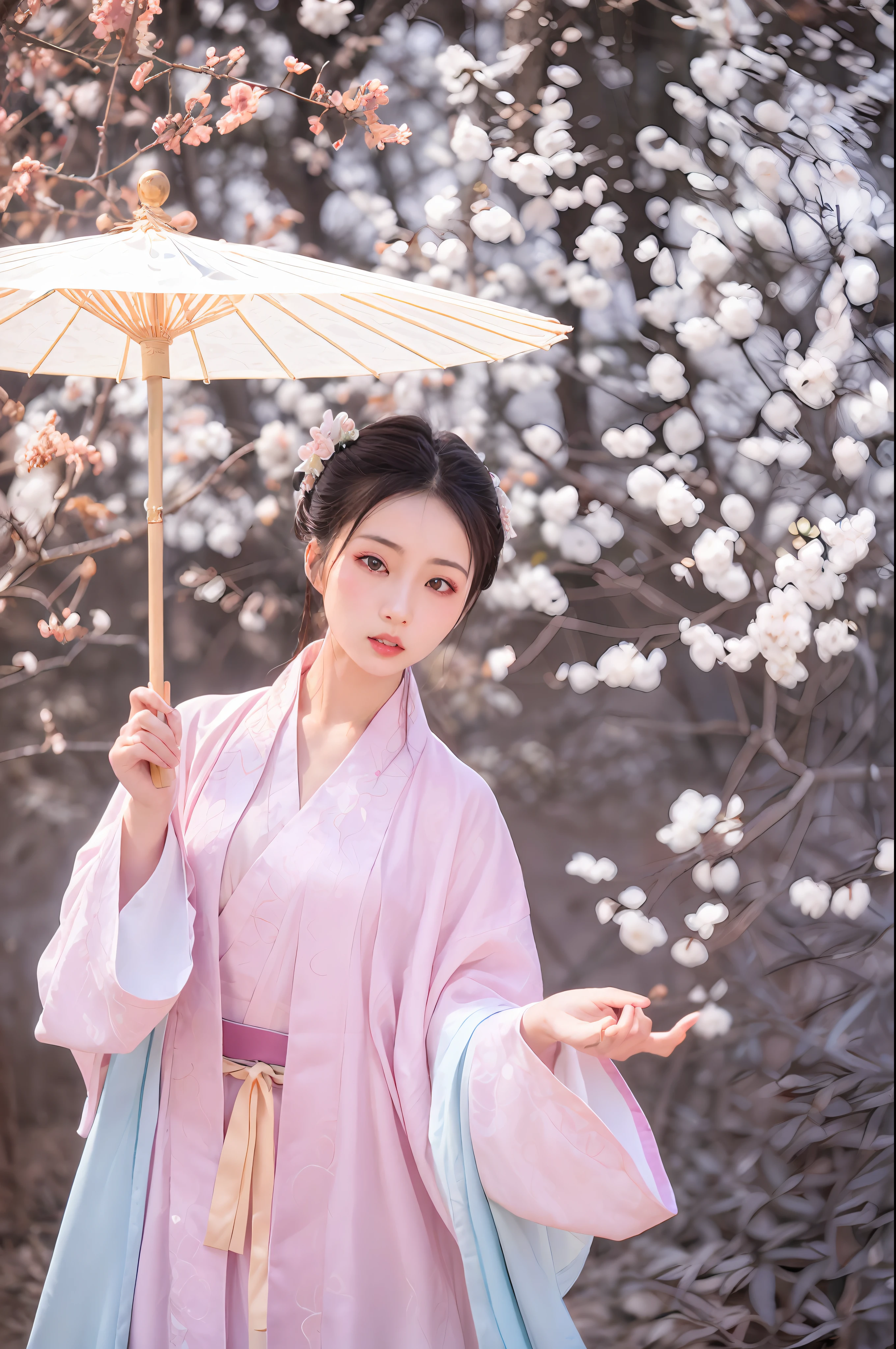Woman in pink kimono holding an umbrella in front of a tree, Palace , A girl in Hanfu, Wearing ancient Chinese clothes, Hanfu, with acient chinese clothes, Traditional Chinese clothing, White Hanfu, Chinese woman, wearing ornate silk clothes, pale and coloured kimono, Chinese costume, flowing sakura-colored silk, elegant japanese woman, ancient chinese beauti