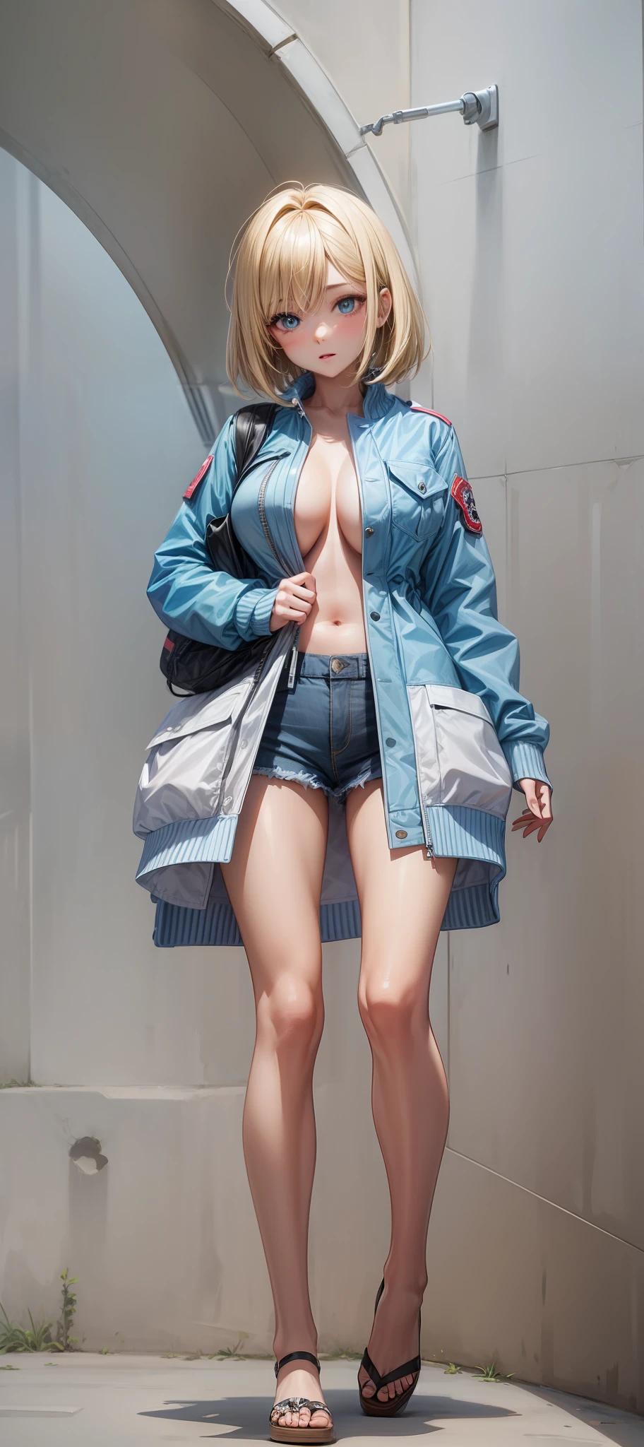 Blonde,short hair,blue jacket,big breast,sexy,4k,detail.