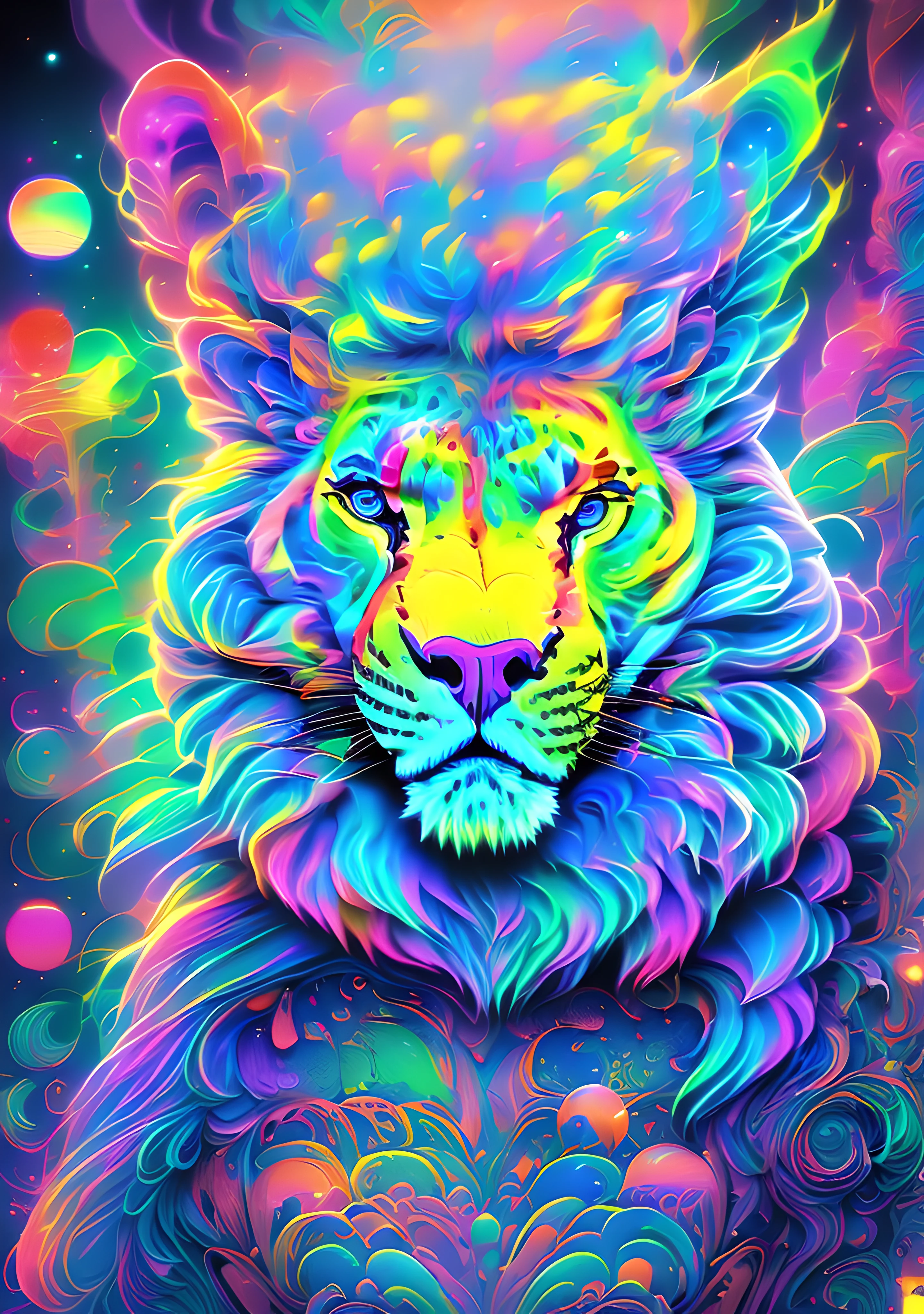 painting of a beautifull woman lion and a sheep in a colorful space, jen bartel, beeple and jeremiah ketner, psychedelic art style, trippy vibrant colors, trippy art, portrait of a lisa frank, psychedelic illustration, surreal colors, cosmic tiger, psychedelic aesthetic, psychedelic trip, lisa frank style, trippy colors, in style of lisa frank, whimsical and psychedelic