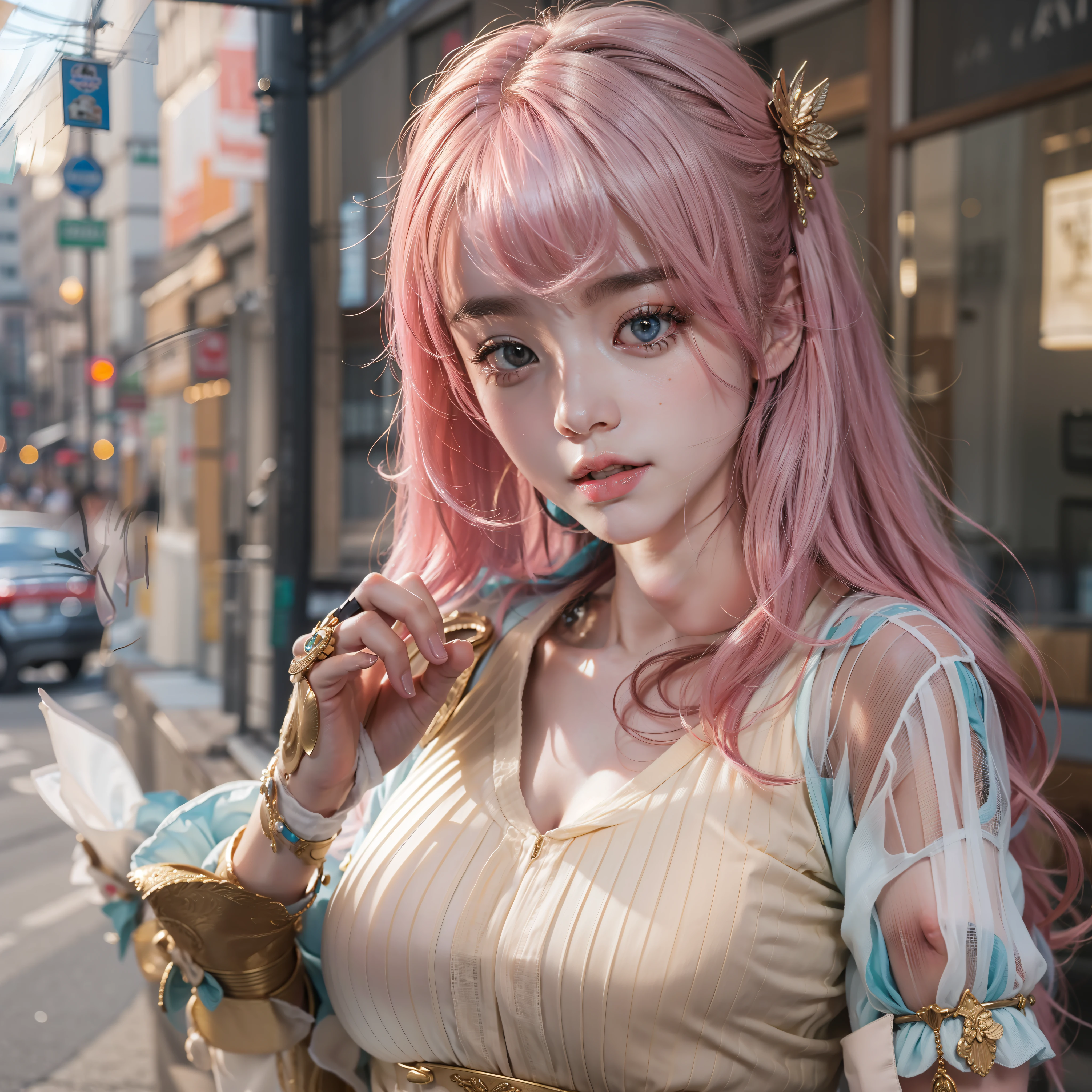 ((top-quality、in 8K、masterpiece:1.3))、foco nítido:1.2、prety woman、A pink-haired、large full breasts、(natural soft light、City Street:1.1)、Highly detailed facial and skin texture、Big detailed eyes、二重まぶた、Looking at the camera、With four fingers balanced1Book thumb、hposing Gravure Idol