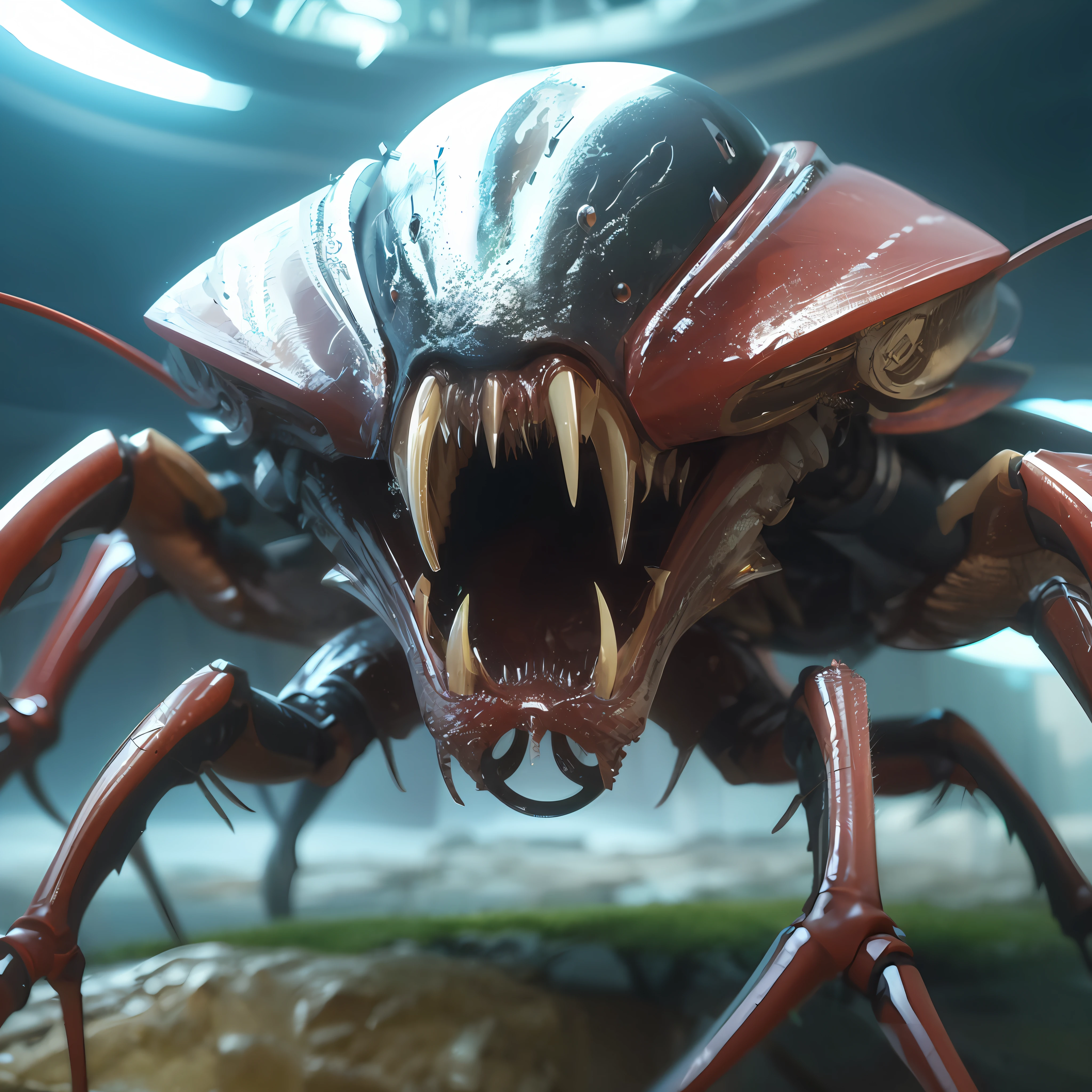 Space alien bug, scary, no eyes, big mouth and sharp teeth, long bug legs, 3D-rendering, hyper detailing