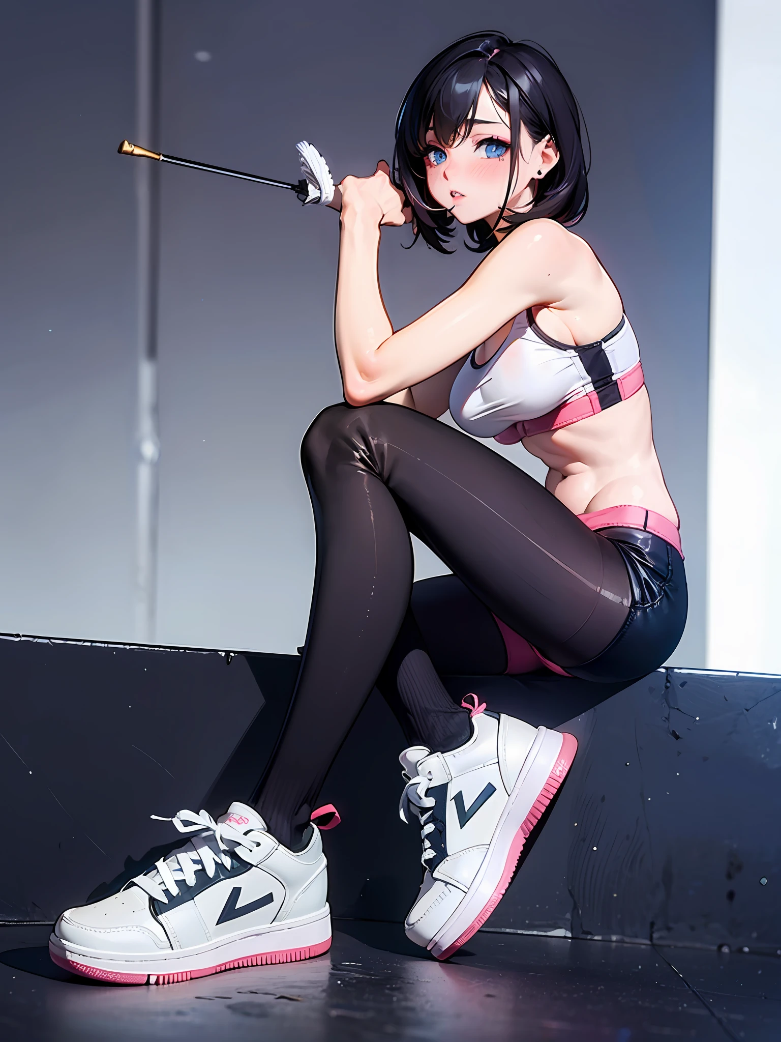 (masterpiece), (best quality),
make up, blush, earring, sneakers, 1girl, pantyhose, sports bra,