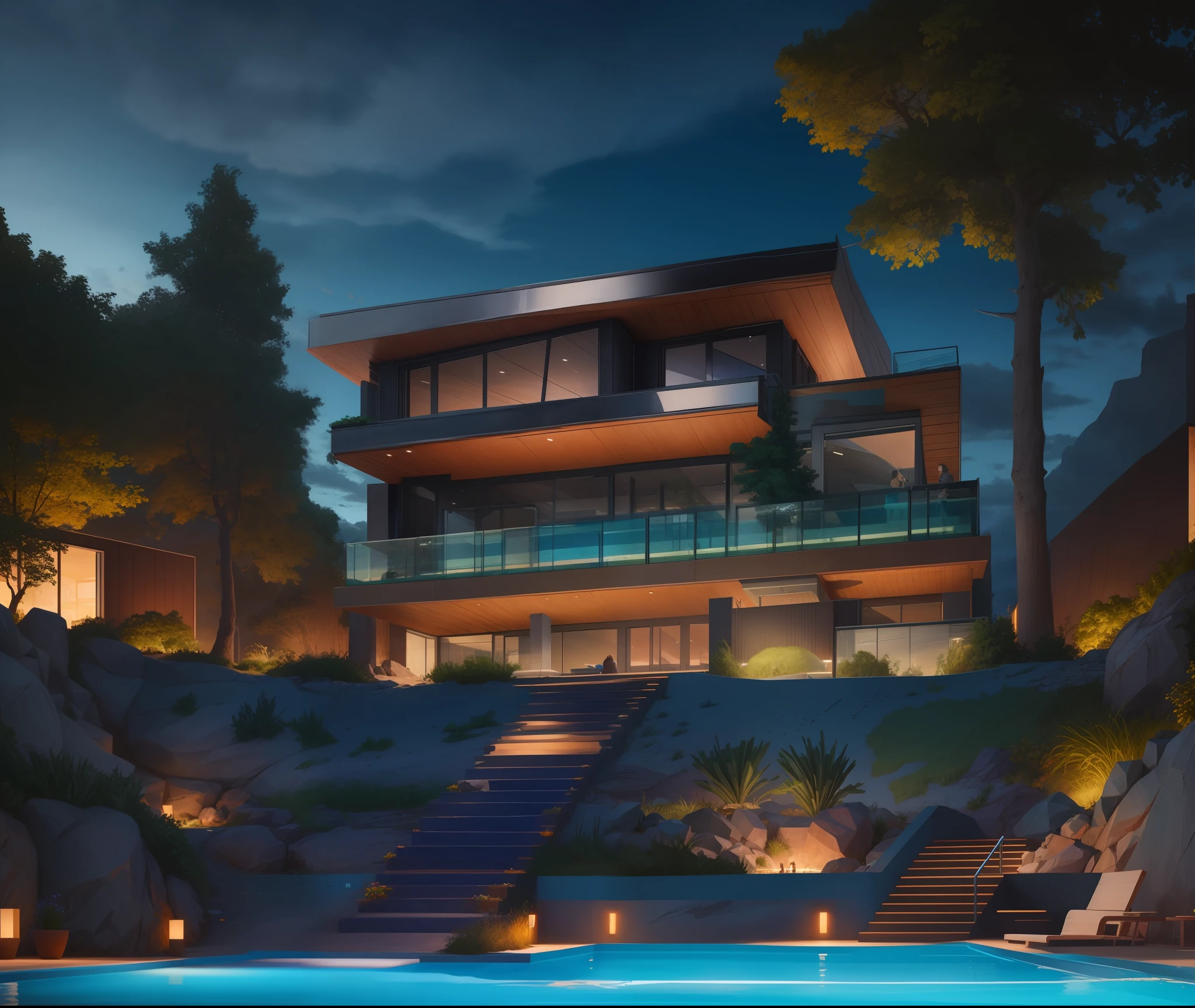 ultra realistic, masterpiece, best quality, raw photo, 8k)
(modern architecture), night, blue sky, (grass ground:0.7),swiming pool, sea ,people,(flower:0.7),