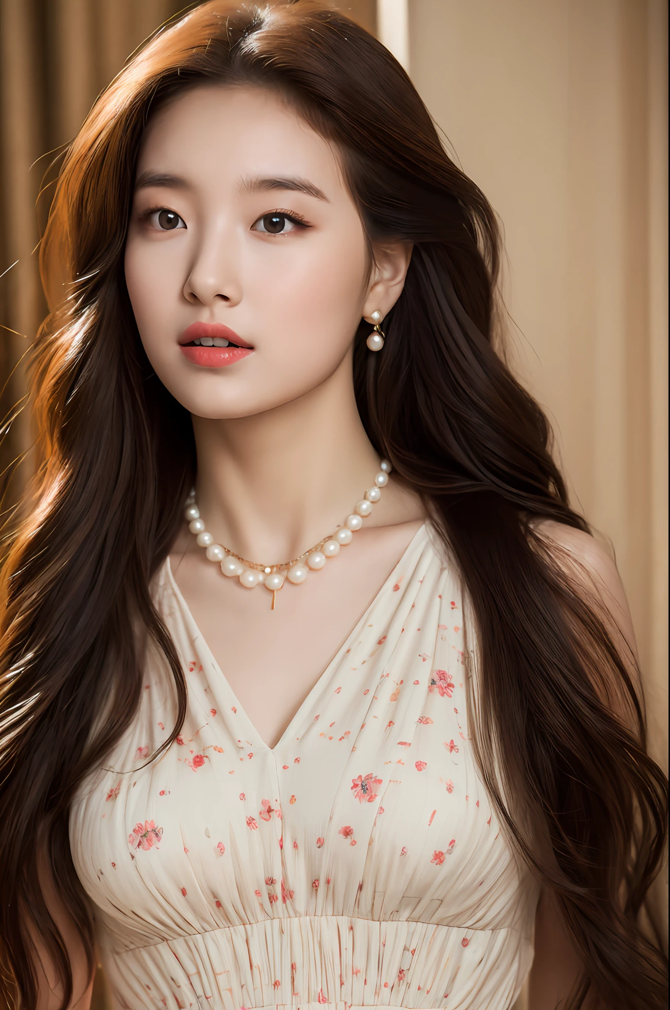 (8K, Best quality, Masterpiece: 1.2), (Realistic, Realistic: 1.37), Super detail, Portrait of a beautiful young woman wearing a floral sun dress, Pearl necklace with long curly hair