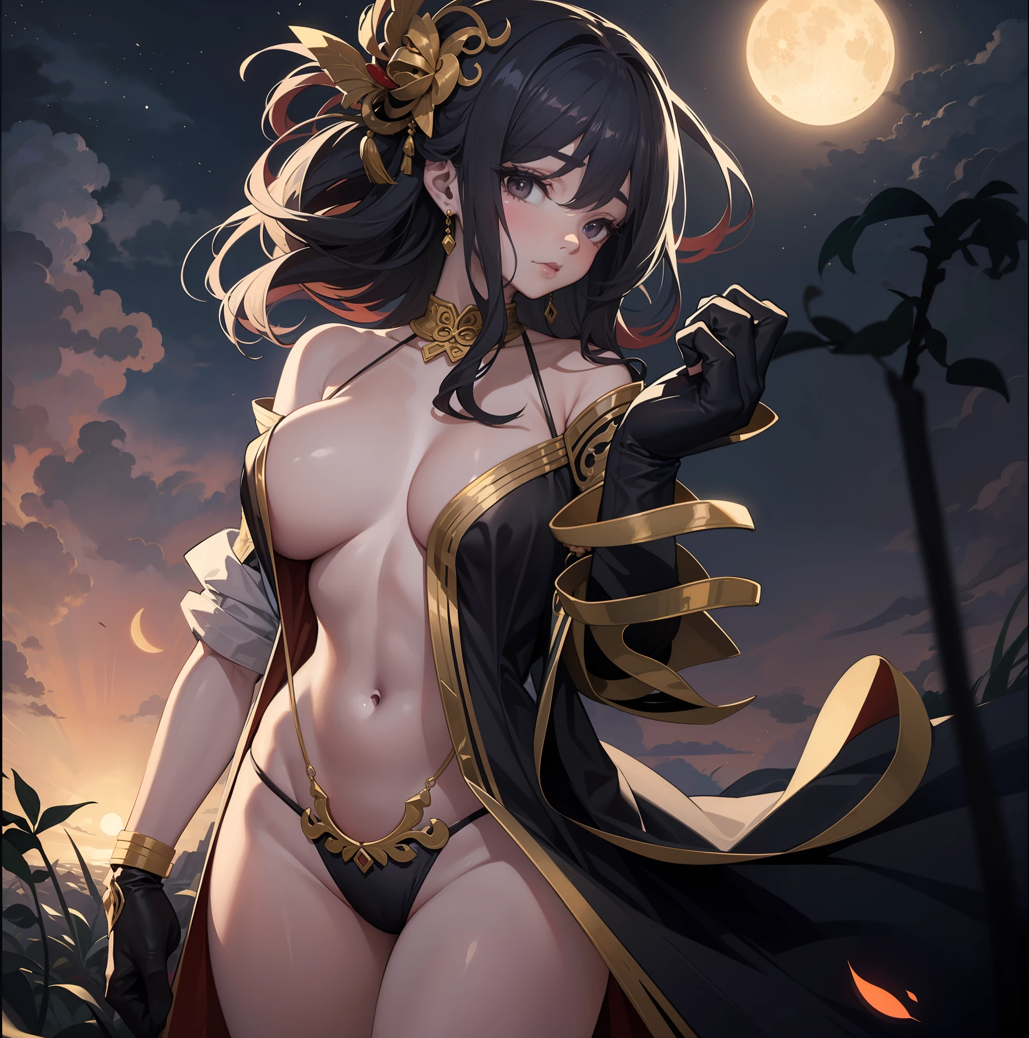 Master works, masterpieces, high quality, extreme detail, classical beauty, (1 female, 25 years-old, huge oppai), ((black long hair)), standing, ((Hands hidden in sleeves)), (pure white loose Taoist robes) (bikini: 1.4), ((delicate face)), (best details)), ((black eyes)), (golden Taoist headdress), ((black gloves)), ((Clench fists)), (long Taoist socking)), sun, moon and star background, ambience, peach blossoms