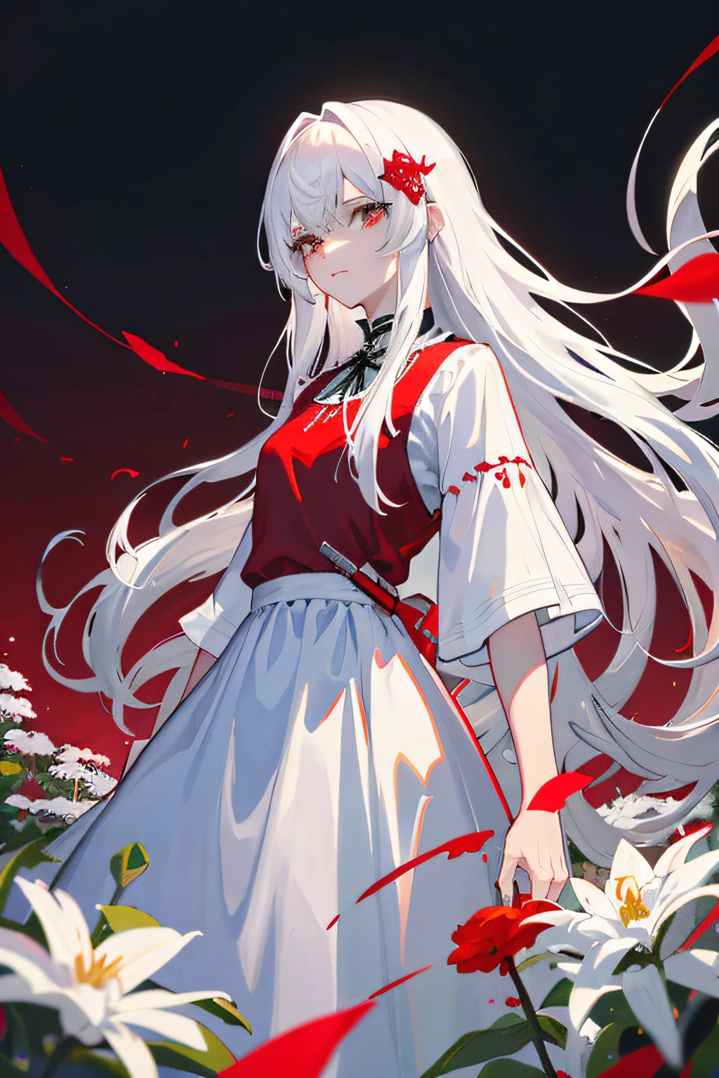 (tmasterpiece,best qualtiy),A long, The white-haired girl stood among the flowers on the other side of the Red River,She had a knife in her hand,,white and red dresses,blood in face