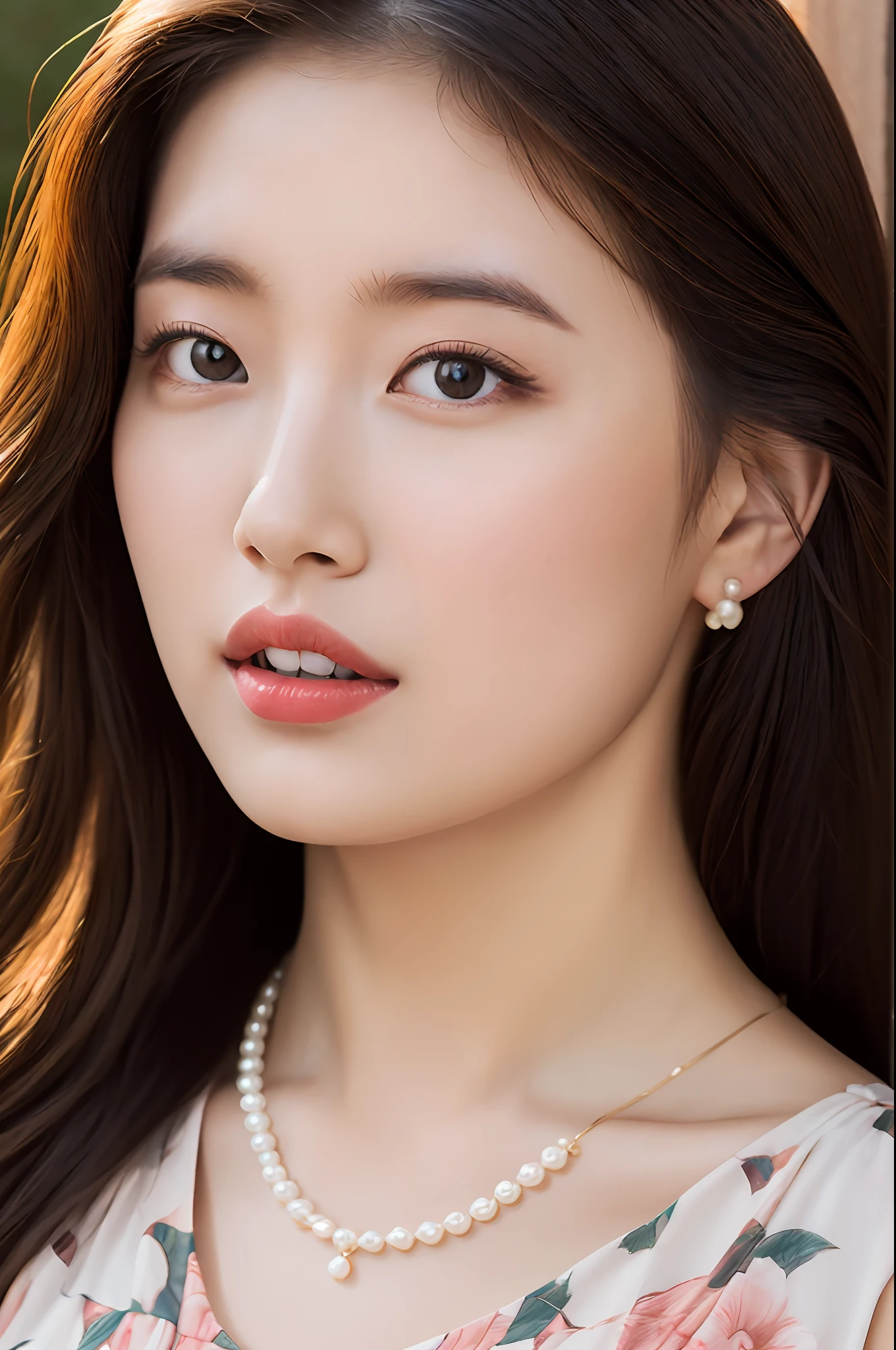 (8K, Best quality, Masterpiece: 1.2), (Realistic, Realistic: 1.37), Super detail, Portrait of a beautiful young woman wearing a floral sun dress, Pearl necklace with long curly hair