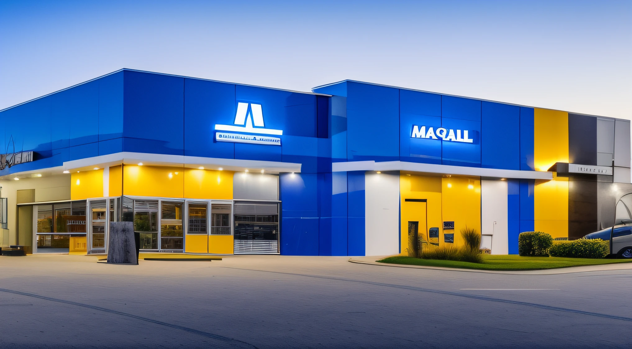 Facade of a Maquigeral Agro brand tractor dealership, with a large LED panel on the facade.
The building is colored blue, yellow and white and has a large iron gate in front.
The building is well lit and has a modern appearance. In front of the building there is a parking yard. The LED sign on the facade is very eye-catching and attracts the attention of people passing by on the highway. The Maquieral tractors parked in front of the building show the quality of the products they sell. --auto