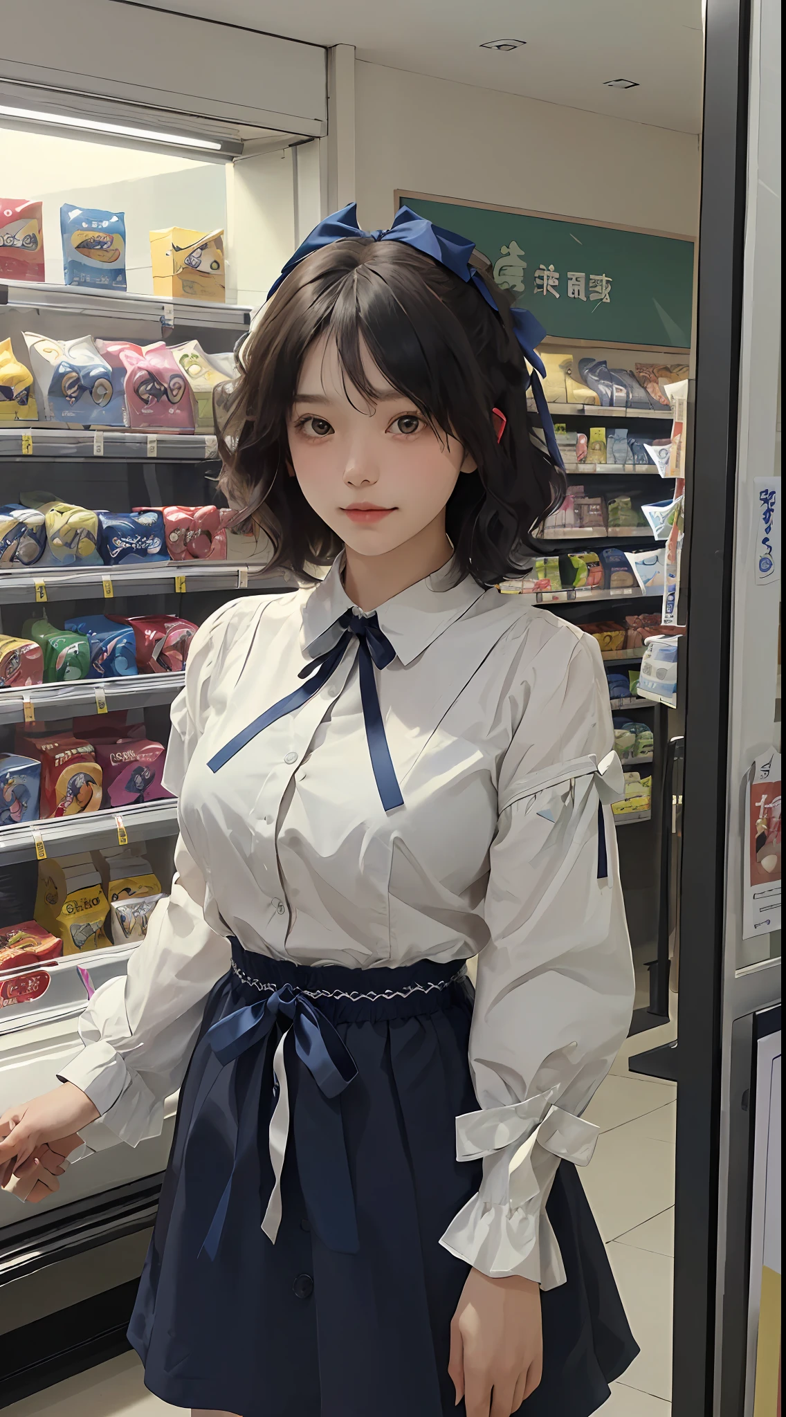 top-quality、masterpiece、超A high resolution、(Photorealsitic:1.4)、1girl in、Convenience store clerk、enticing、looking in camera、(((shorth hair)))、(((Large ribbon)))、((Ribbon like a butterfly))、Inside a convenience store