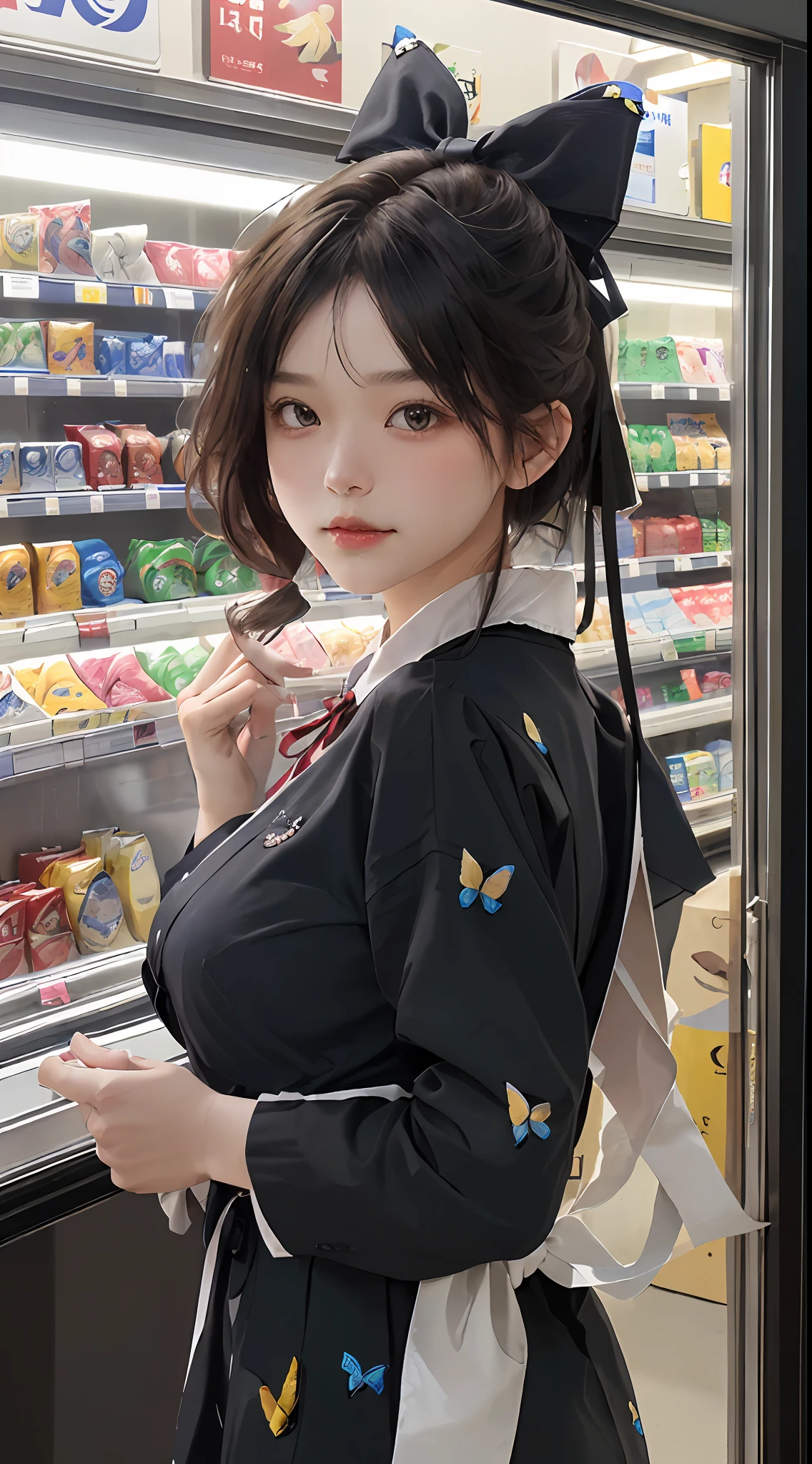 top-quality、masterpiece、超A high resolution、(Photorealsitic:1.4)、1girl in、Convenience store clerk、enticing、looking in camera、(((shorth hair)))、(((Large ribbon)))、((Ribbon like a butterfly))、Inside a convenience store