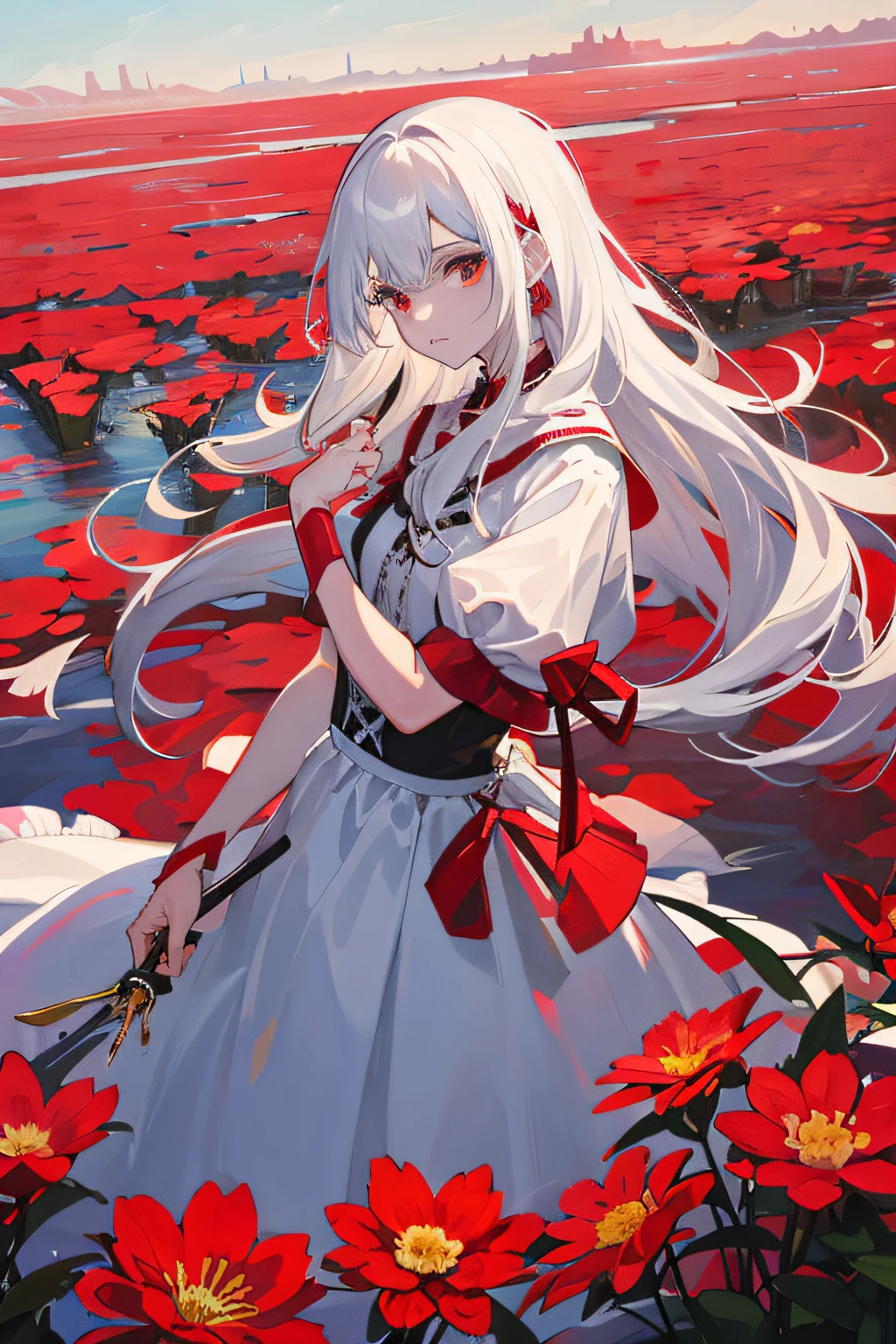 (tmasterpiece,best qualtiy),A long, The white-haired girl stood among the flowers on the other side of the Red River,She had a knife in her hand,,white and red dresses,blood in face