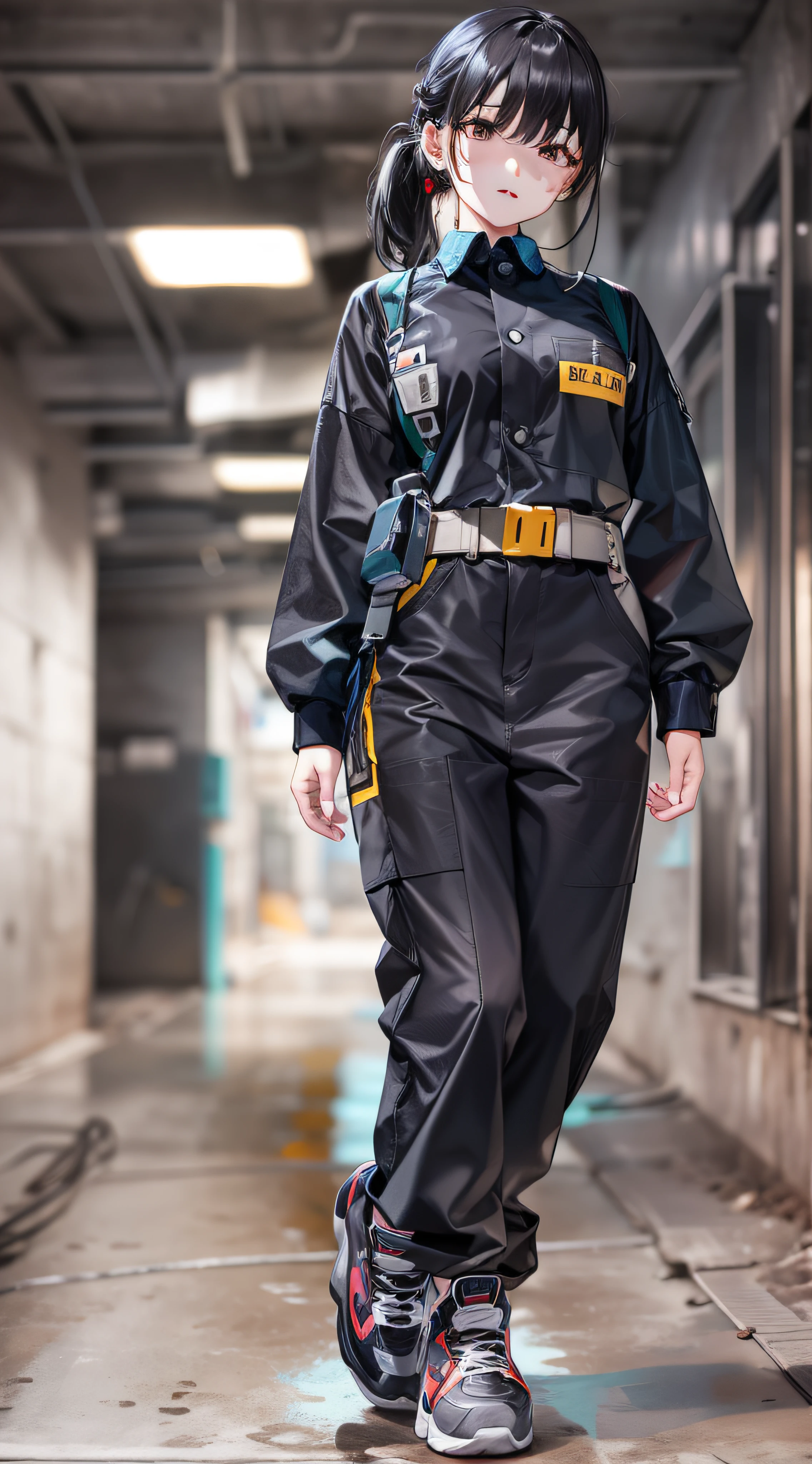 One Woman、cute little、Black hair、poneyTail、Black eyes、Mole under the eyes、Full body like、Shoujo manga style、Anatomically correct、Work clothes with long sleeves and long pants、Mechanic、Black safety shoes、Best Quality、Concrete walls