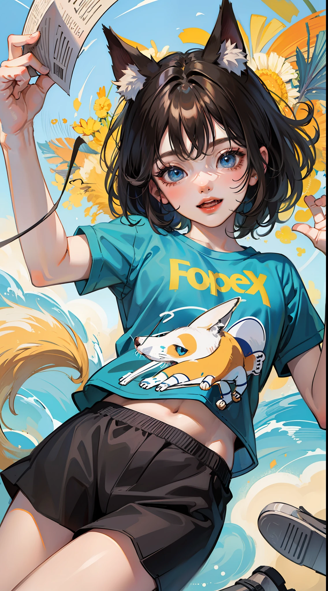 , short black hair, Fox ears, Foxtail, blue eyes, ssmile, tshirt, briefs, Jumps, Masterpiece, hiquality