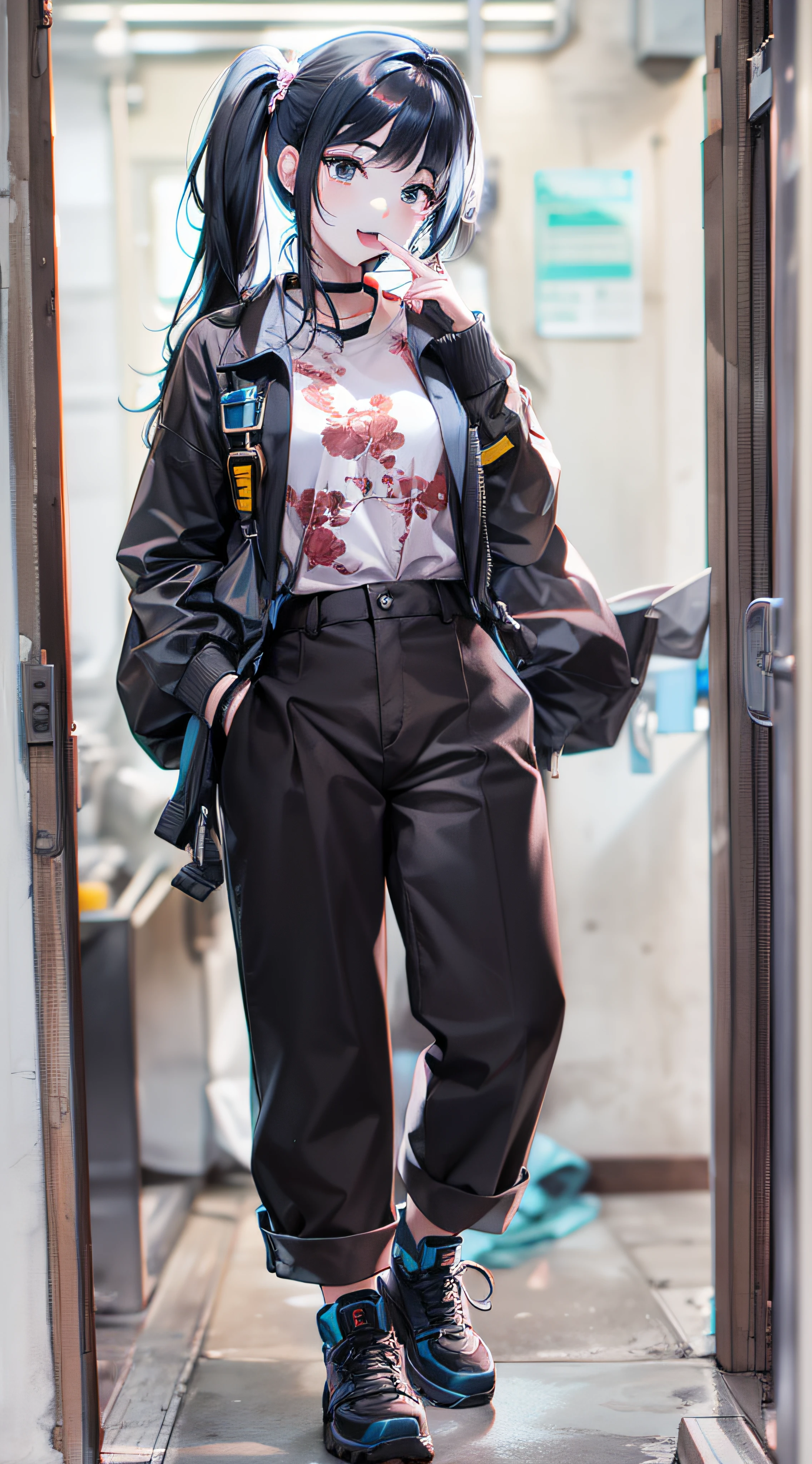 One Woman、cute little、Black hair、poneyTail、Black eyes、Mole under the eyes、Full body like、Shoujo manga style、Anatomically correct、Work clothes with long sleeves and long pants、Mechanic、Black safety shoes、Best Quality、Concrete walls