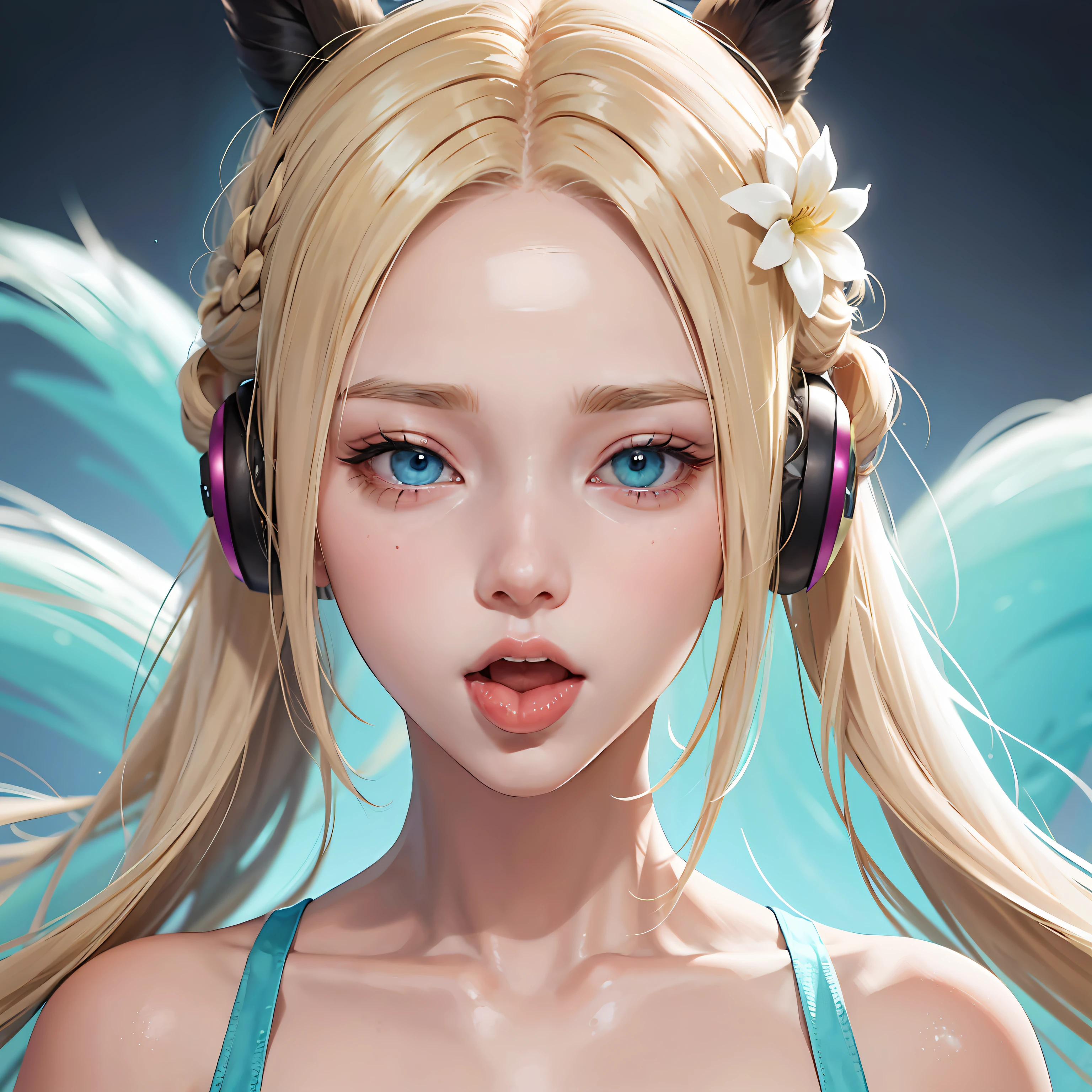blonde hair, ahoge, quad tails, forehead mark, hair bobbles, headphones, hair flower, aqua eyes, heterochromia, longeyelashes, shy, tongue out, cinematic lighting, character chart, projected inset, UHD --auto