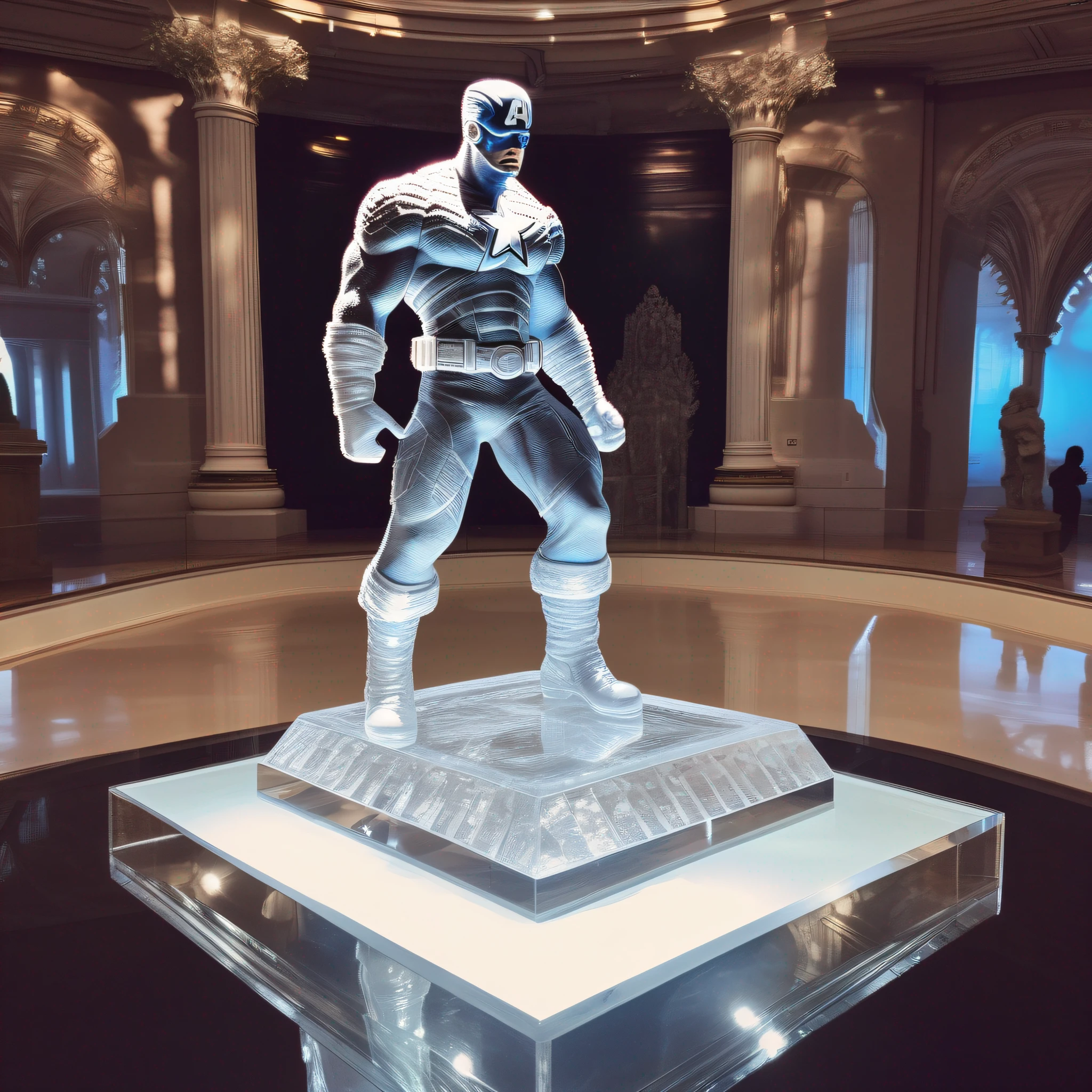 instagram photo, Captain america statue in clear crystal, wide angle, hyper detailed, crystal eyes, studio photo, made of ornate clear crystal, on an exhibition altar, museum background