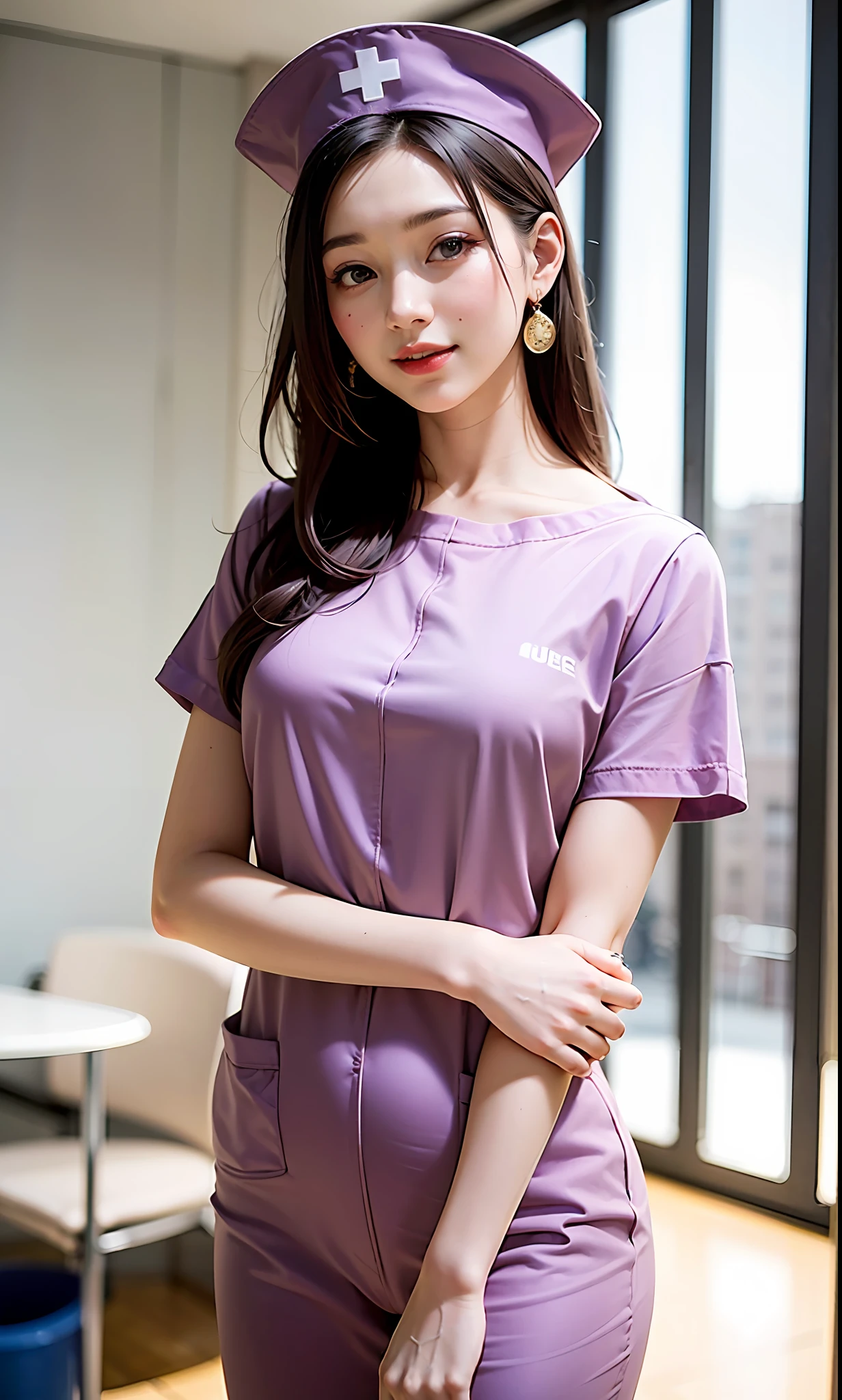 Delicate, (upper body only), masterpiece, beautiful details, colorful, fine-grained details, fine details, elegance, (1 girl: 1.1), solo, (20 year old beautiful sexy girl: 1.2), Instagram, (KPOP idol, Korean mixed), (black hair + binding: 1.3), (50mm Sigma f/1.4 ZEISS lens, f1.4 (Hospital: 1.2), Sunshine, Standing, (Sexy Nurse, Nurse Cap: 1.2), Happy Smile, Earrings,
