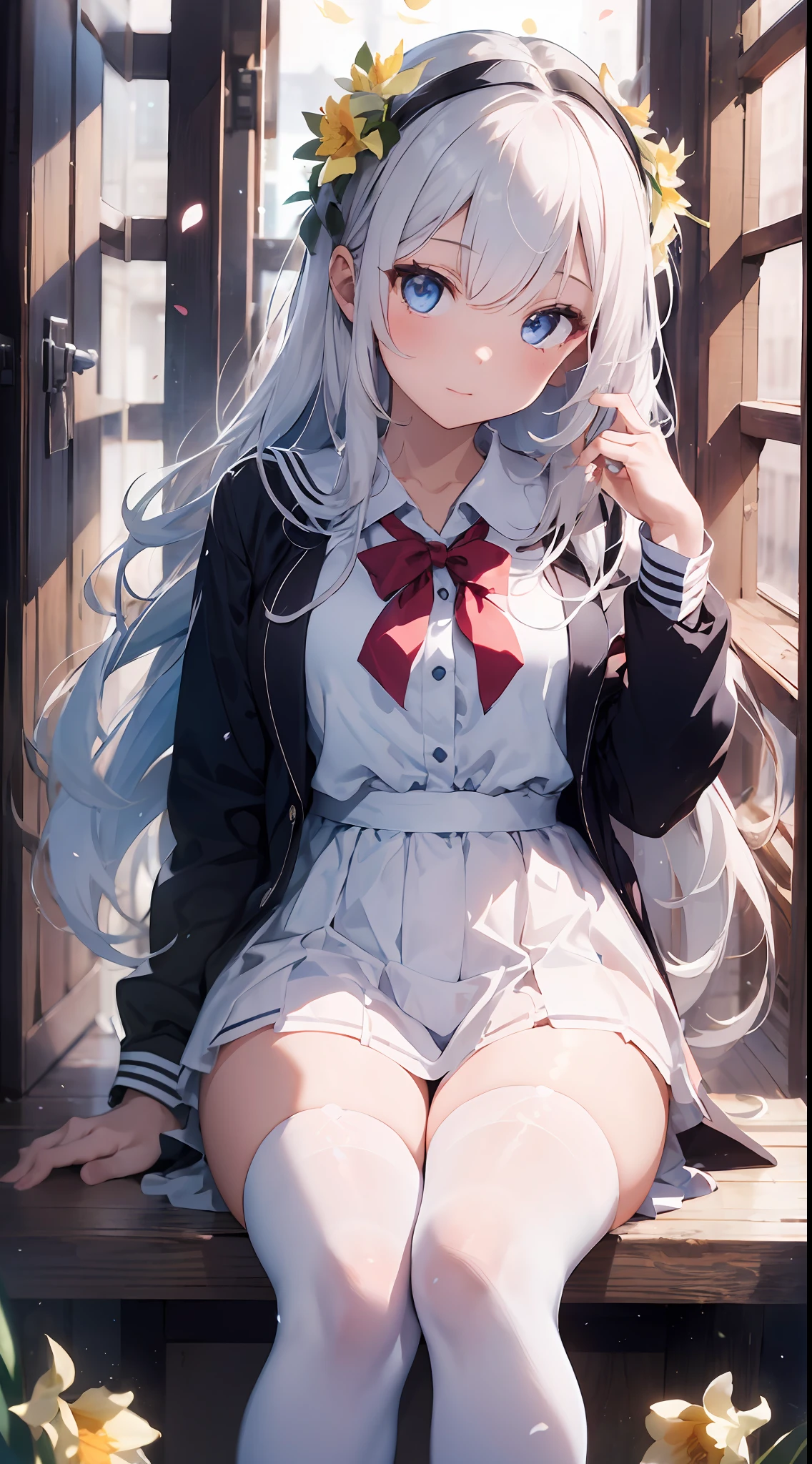 1girl, beautiful detailed eyes, long white hair, light blue eyes, school uniform, high white stocking, vivid, flower, daffodil, hyacinth, falling petals, , high contrast, ((masterpiece, best quality)), cinematic light, cinematic composition
