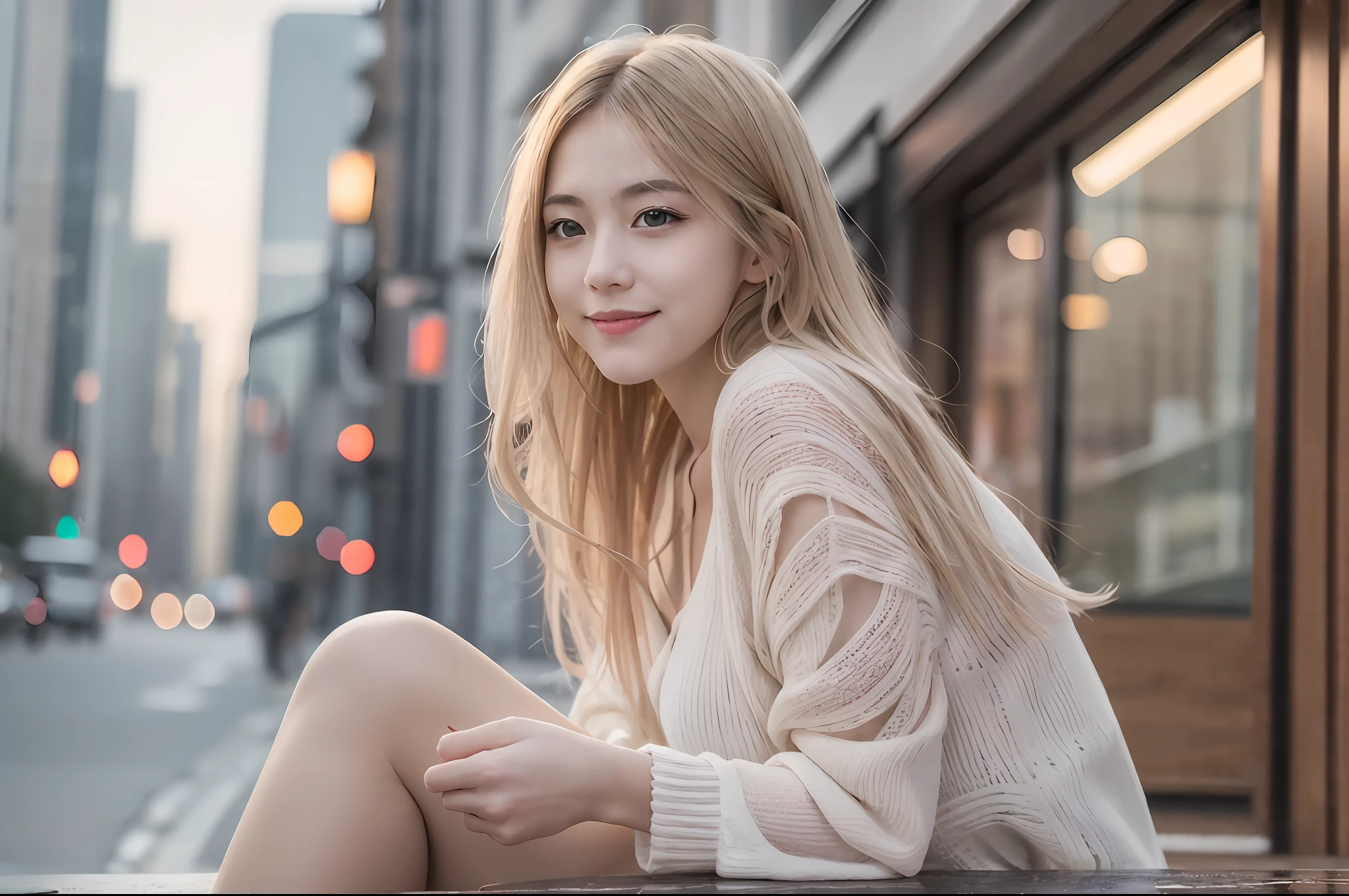 girl, single, medium, blonde, silver, random facial expression, random hairstyle(8k, best quality, masterpiece:1.2), (realistic, photorealistic:1.37), ultra detailed, single girl,cute,solo,beautiful detailed sky, detailed café,sitting,dating,(blush),(smile:1.15),(closed mouth),film grain, fujifilm XT3,( ulzzang-6500:0.3), model shooting style, nsfw,beautiful detailed eyes,(medium long hair: 1.2),floating hair ,NovaFrogStyle, white skin,cinematic lights, night street, street light, bikini, full body