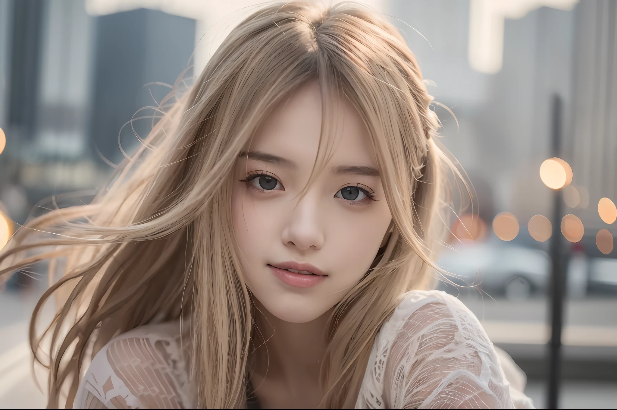 girl, single, medium, blonde, silver, random facial expression, random hairstyle(8k, best quality, masterpiece:1.2), (realistic, photorealistic:1.37), ultra detailed, single girl,cute,solo,beautiful detailed sky, detailed café,sitting,dating,(blush),(smile:1.15),(closed mouth),film grain, fujifilm XT3,( ulzzang-6500:0.3), model shooting style, nsfw,beautiful detailed eyes,(medium long hair: 1.2),floating hair ,NovaFrogStyle, white skin,cinematic lights, night street, street light, bikini