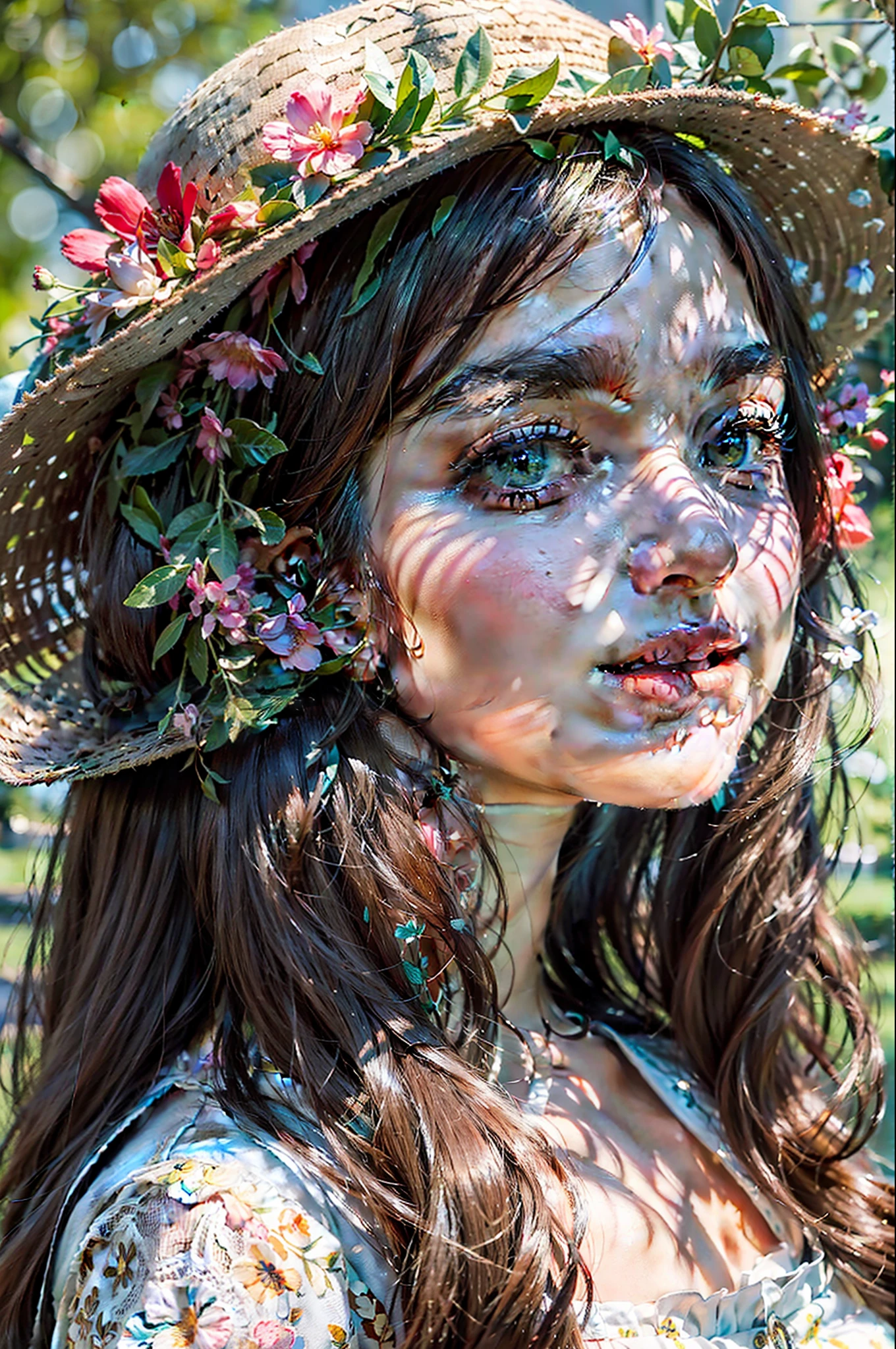 (Extreme closeup:1.5),(Face focus:2),(Soft and light style:1.5),((Side face:2),(1 girl gently surrounded_Mona Lisa's smile:1.5),(back lit lighting:1.8),(lighting),(Brisk and flowy:1.3),((Sweet dress/Floral dress:1.5),(Wear a high-top straw hat:1.3)),(Masterpiece grade),Very realistic,High density detail,8K分辨率,RAW images,Natural light and shadow,Harmonious natural ingredients,a warm color palette,fine art photography。