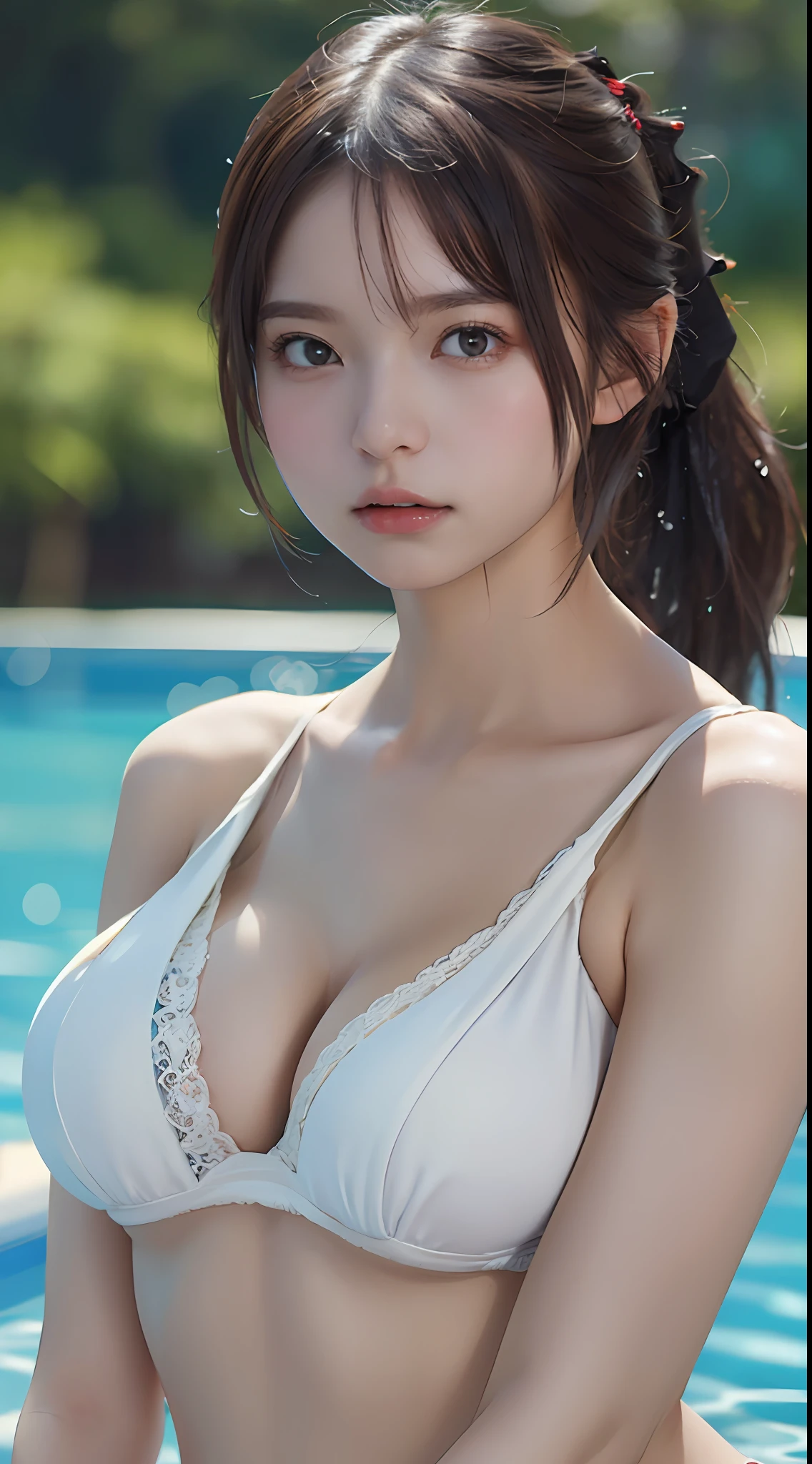 ((Best quality, 8k, Masterpiece :1.3)), 1girl, Pretty woman with emphasizing slender abs :1.3, (Dark brown hair, Ponytail, Huge breasts :1.2), Wet body:1.2, Pool, Ultra-detailed face, Detailed eyes, Double eyelid