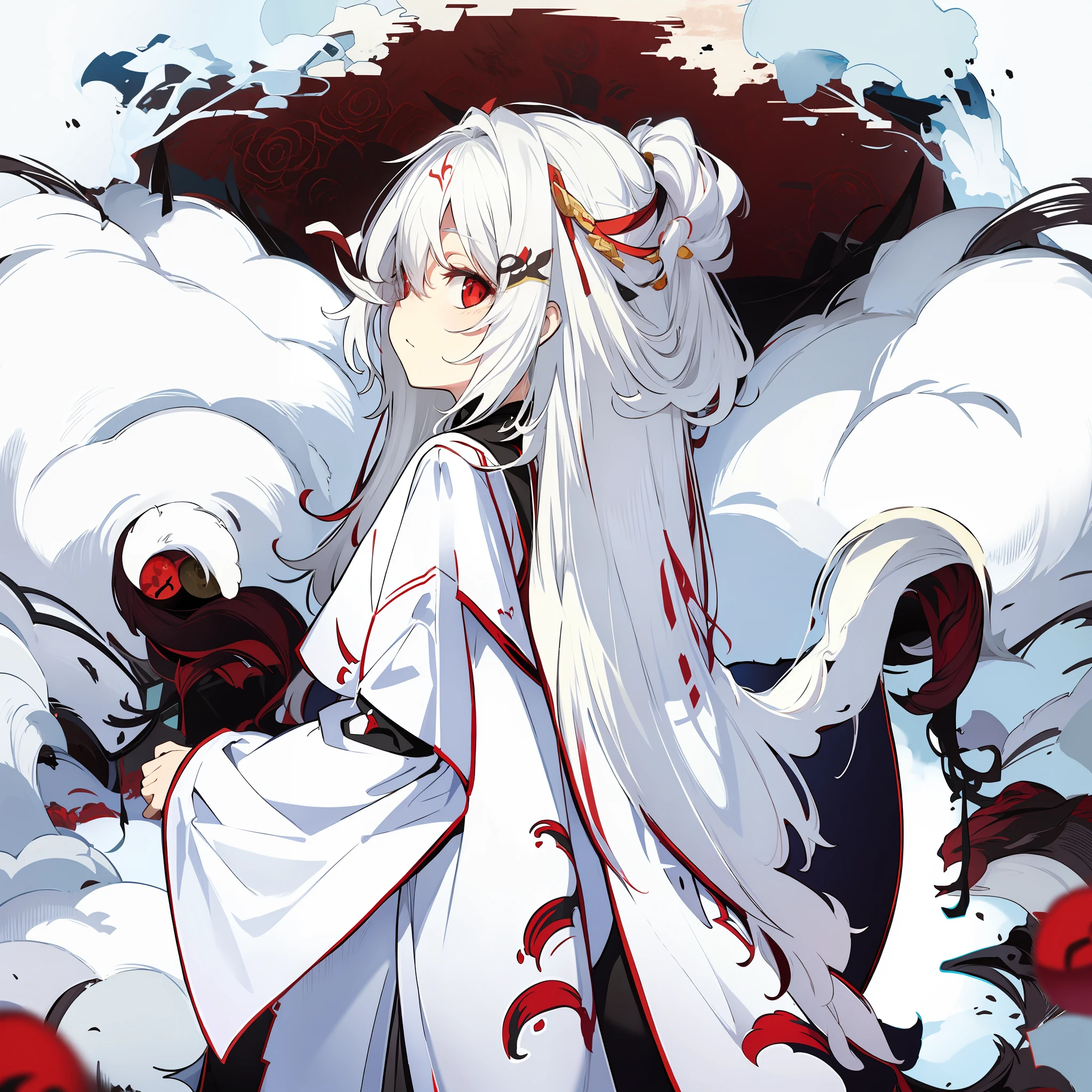 White hair，Ancient wind，Q version，Red eyes，Background ink wind，Taoist