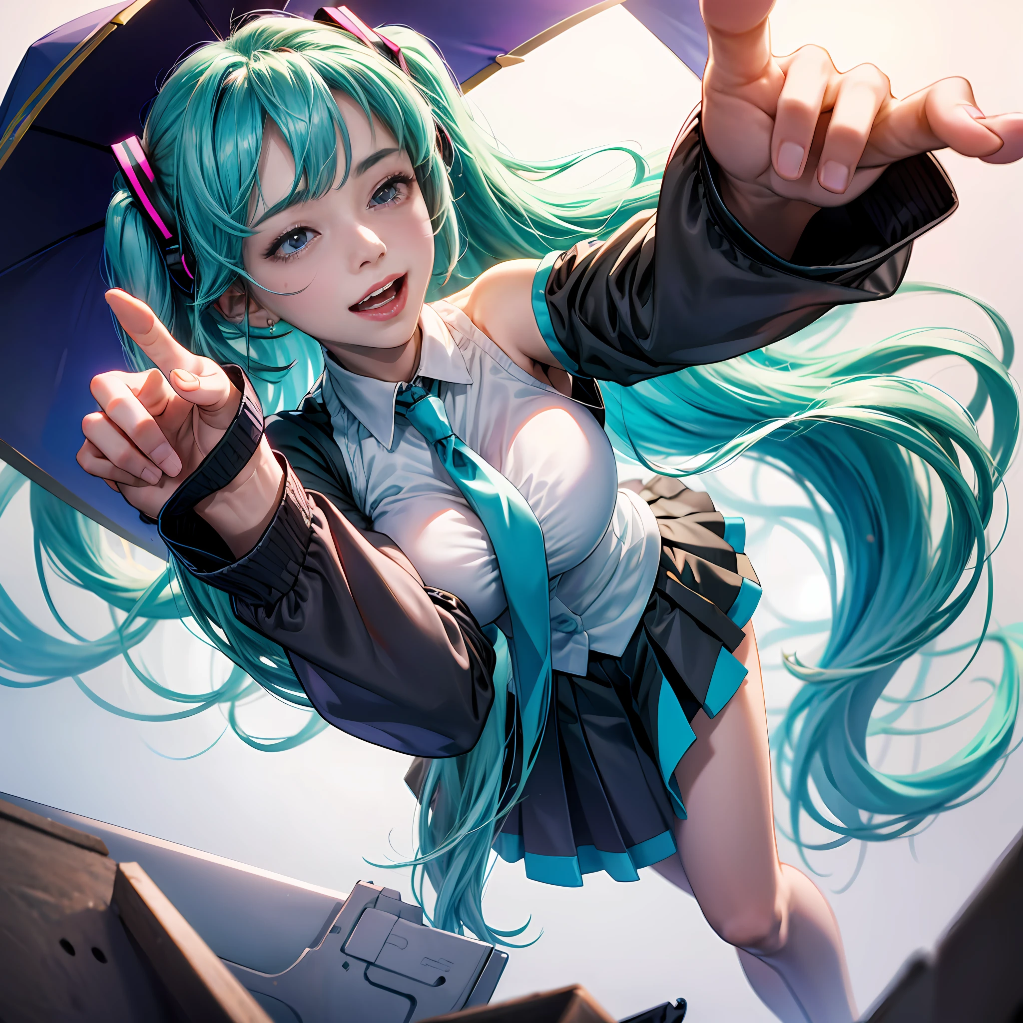 Single,Long hair,tall image,view the viewer,Blush,rim,A high resolution,Breasts,Open mouth,Simple background,Large breasts,standing,White background,Purple eyes,payot,Blunt bangs,Long sleeves,Pleated skirt,finger nails,From above,dark mole,Moles under eyes,halfupdo,A high resolution,Big breasts Hatsune Miku --auto