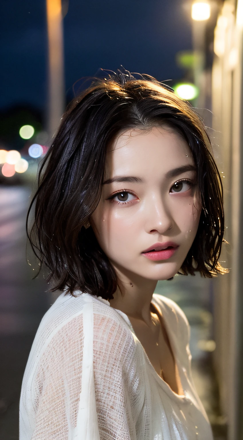 ((top-quality、masterpiece:1.3))、foco nítido:1.2、(realisitic、Photorealsitic:1.37)、perfect beautiful female、Highly detailed facial and skin texture、Detailed eyes and double eyelids、Short-cut hair that gets wet、Petite bust、Small necklace、Short-sleeved shirt that gets wet in the rain、Rainy night street、Dark night rain clouds、City lights、rainy evening、