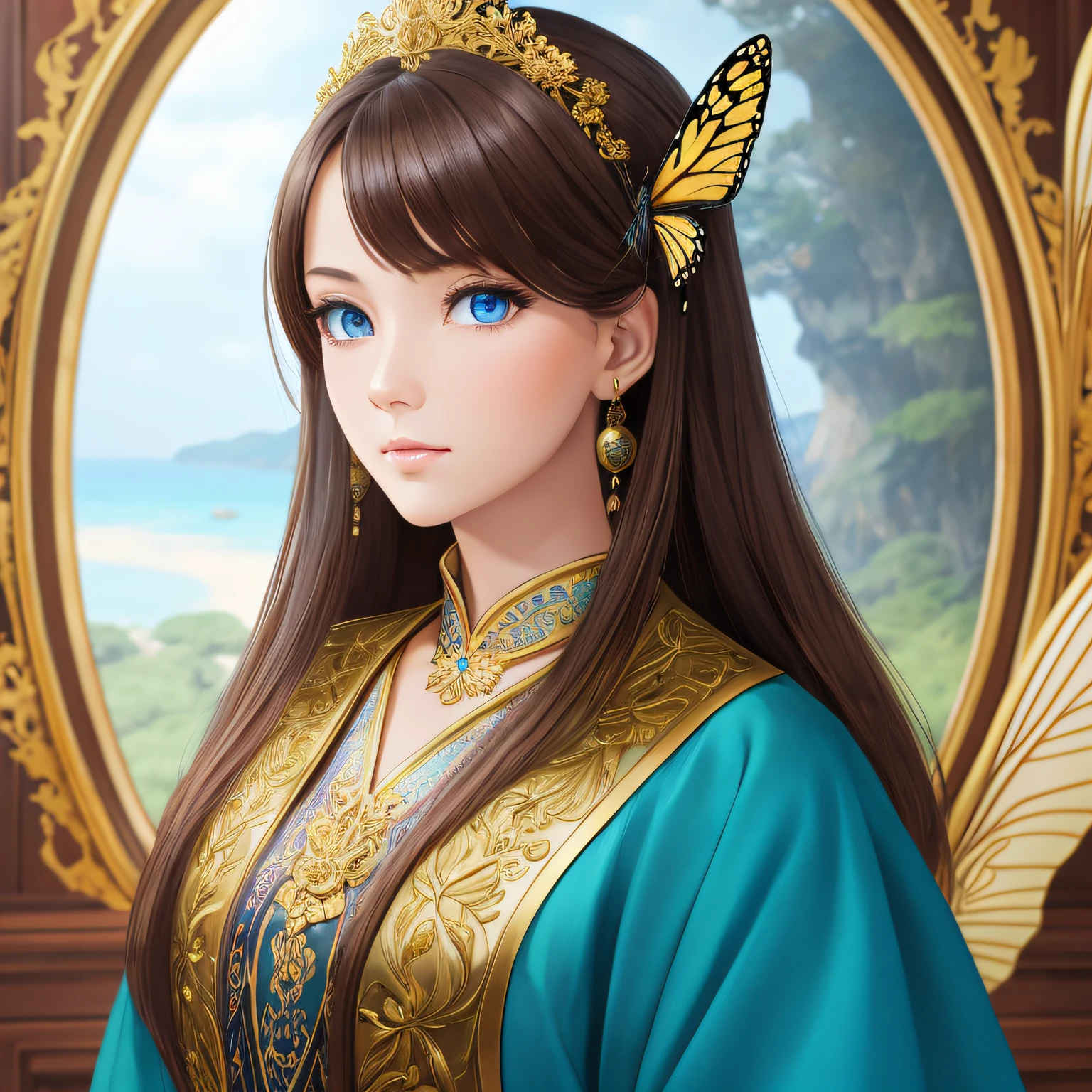 8k 16:9 portrait of beautiful girl with brown hair， 复杂， ellegance， highly  detailed， A majestic， digital photography， Art germ and gold butterfly filigree in the surrealist paintings of Nguyen Jia and Grütkovsky， brokenglass， （tmasterpiece， Sideslit， Fine beautiful eyes： 1.2）， HDR， POV， crystal blue eyes --auto