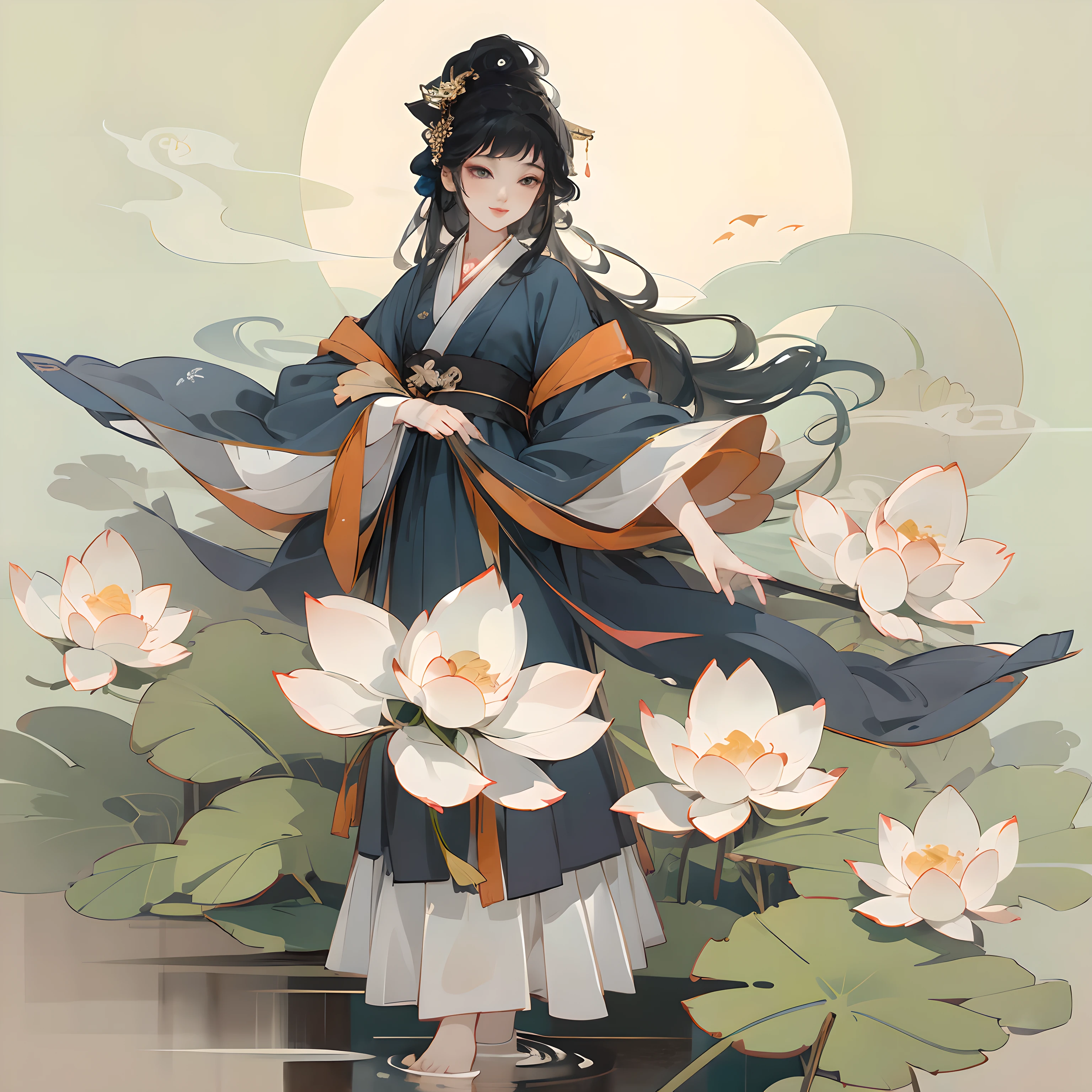 ((4k,masterpiece,best quality)), shuimobysim, traditional chinese ink painting, lotus, hanfu, maxiskit, dress conservatively 1girl, solo, long blue hair, smile, standing, feet in the water, barefoot, --auto