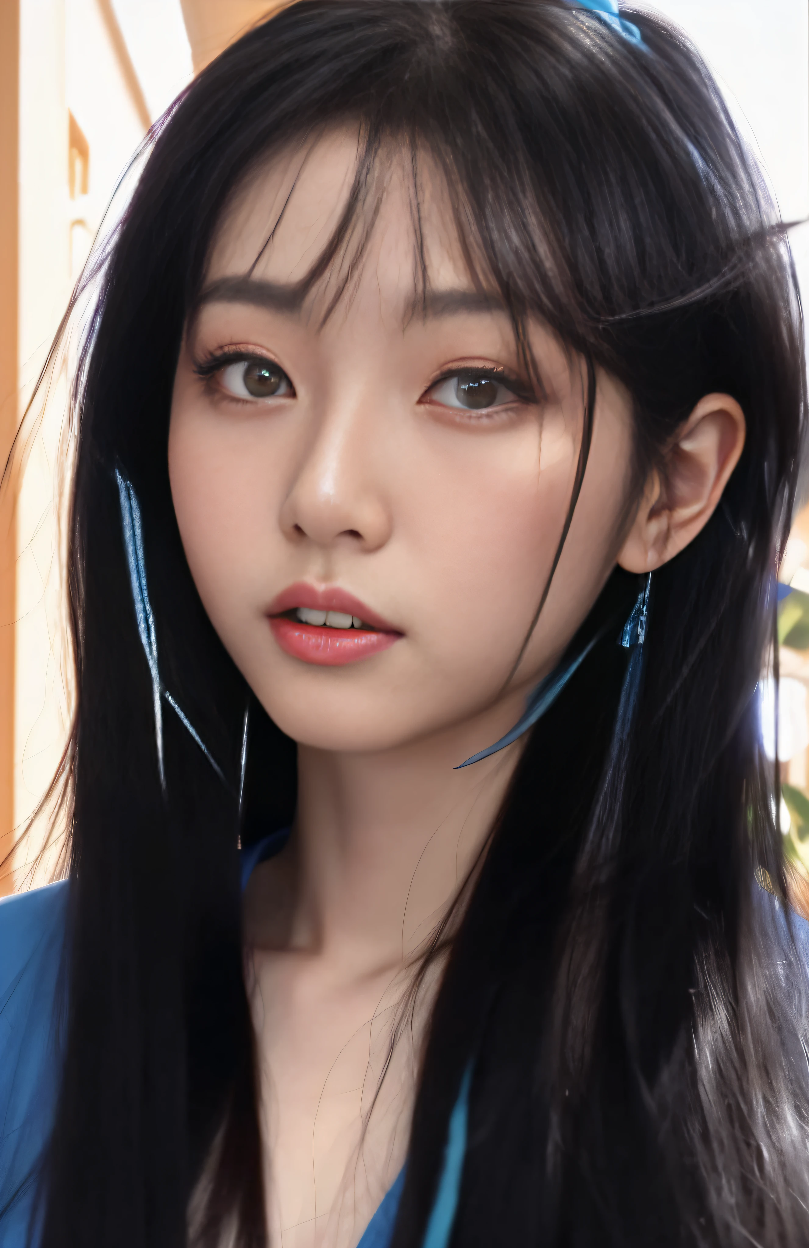 Close-up of a woman with long black hair and a blue shirt, xintong chen, xision wu, jaeyeon nam, wenfei ye, Shin Jinying, pale round face, ulzzangs, Lin Qifeng, young cute wan asian face, Zhang Wanting, chengyou liu, cruel korean goth girl, gongbi, Choi Hyun-hwa