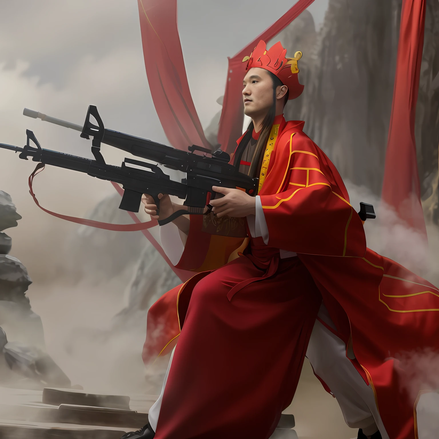 There was a man in a gun and a man in a red suit, Chinese Warrior, Hanfu, full-body wuxia, Dress up as a Tang monk, nanquan, Taoist, professional cosplay, sakuga mad gunplay, with rifle, full-body xianxia,Make a double pistol,Domineering,The background is clean,The face is a cartoon character,Hand repair,With sunglasses,cruel