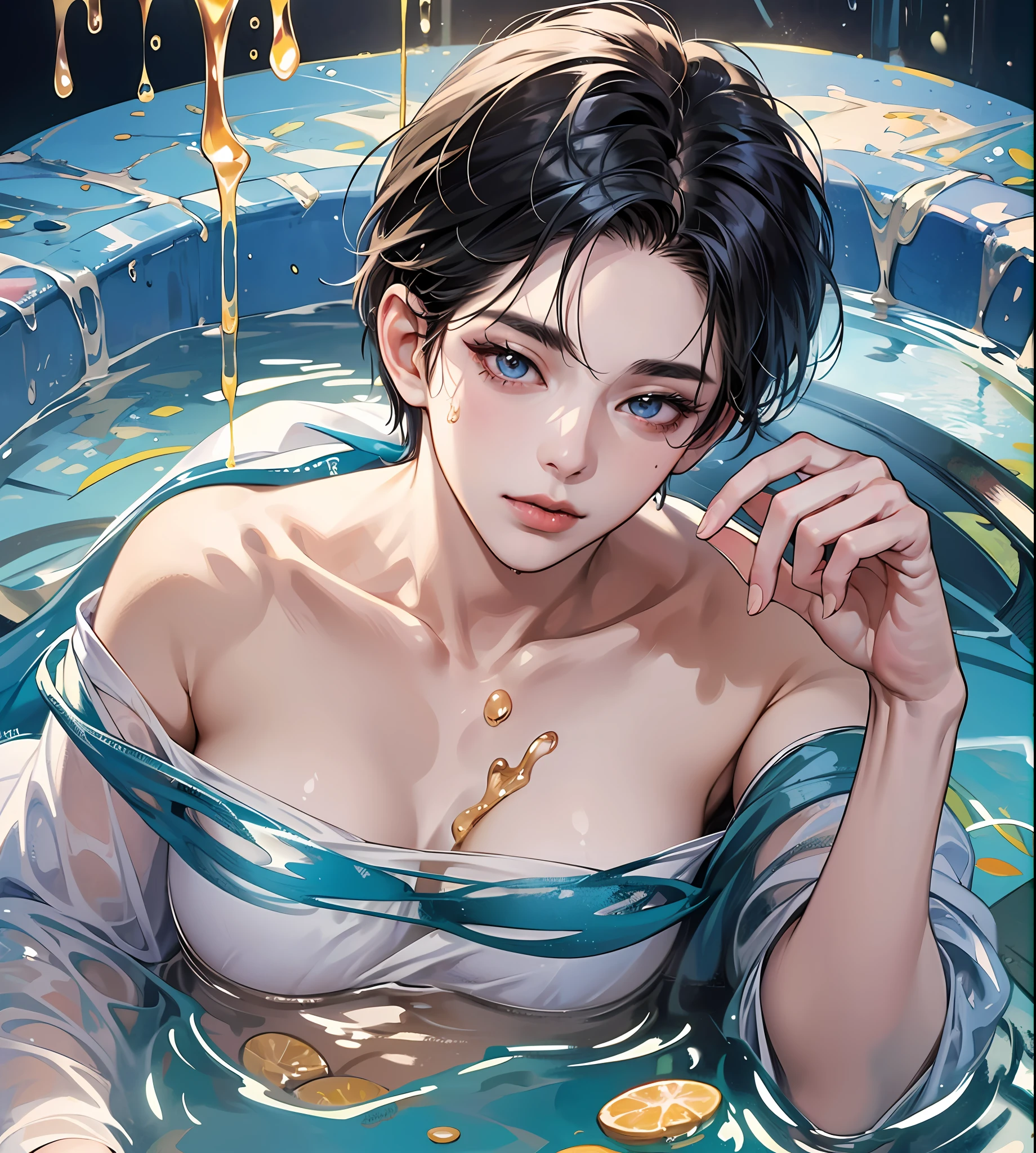 twink male body, male short hair, anime, (Photorealism), masterpiece, best quality, portrait, (Japanese KPOP idol:1.2), (realistic beautiful Asian), close up and soft up to everything, plump body, bodyhooper, spot light, super pale skin, dark make up, sharp focus, detailed anatomy, ultra-wonderful face detail, (his deep drippy blue colored melting slime body under the coat), 19 yo, a hot wet erotic blue colored slime super idol, with a ultra-cute face of a Japanese-Korean emo young idol, (ultra-detailed eyes), (ultra-detailed skin), (super melting honey hair), half body is melting in a bath pool, (drippy melting body), hyper huge breasts, super wide wet juicy sexy red lips, photography, soft light, perfect luxury yaoi face, photorealistic, correct fingers, the light is very bright style: realistic, photorealism --auto --s2