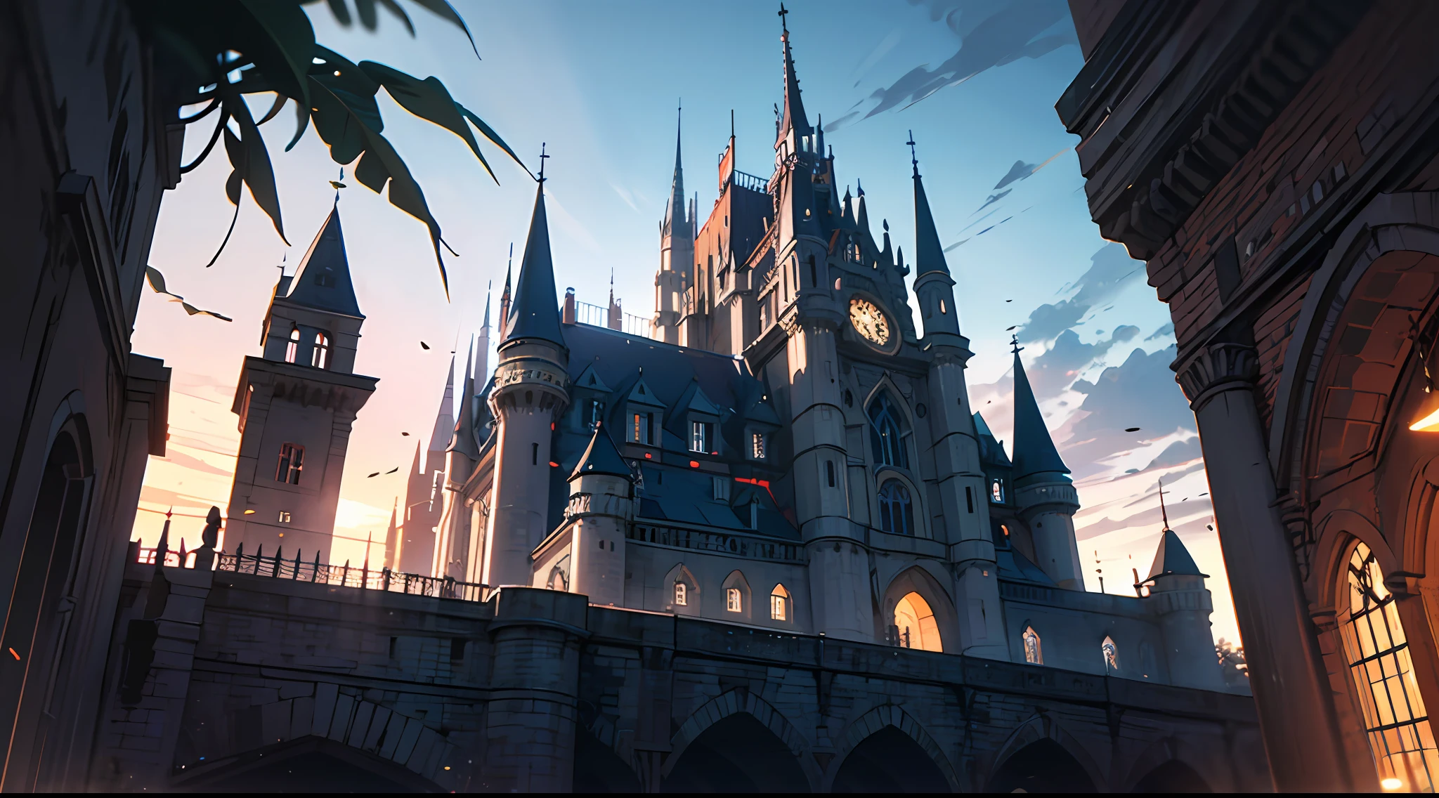 tmasterpiece, 16k, The is very detailed, a medieval castle, darkly, Flying wind, Neon lights illuminate the castle, dark cloude