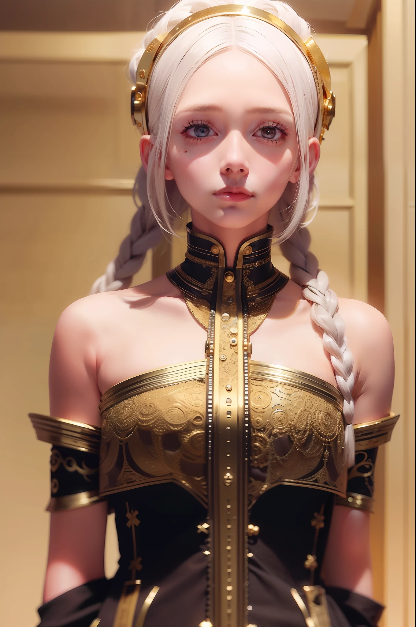 best quality, masterpiece,white hair, gold eyes,white clothes, looking up, upper body,hair strand,Fair skin,side braids