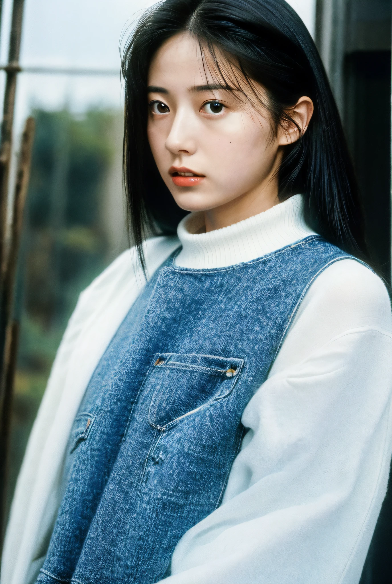 (masterpiece, realistic, ultra high res, high quality:1.2),
1girl, (young),(no make-up), black hair,
portrait, old photo, 80s style , dynamic pose, studio,
((akinanakamori))