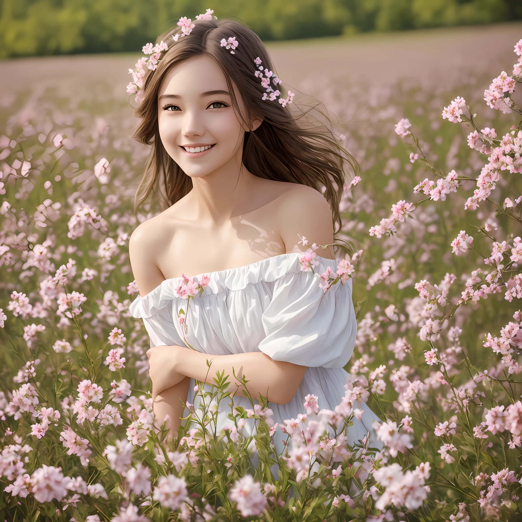 Best quality, masterpiece, ultra high res, (photorealistic:1.4), raw photo, 1girl, dress, off shoulder, blossom flower field, glowing skin, light smile --auto