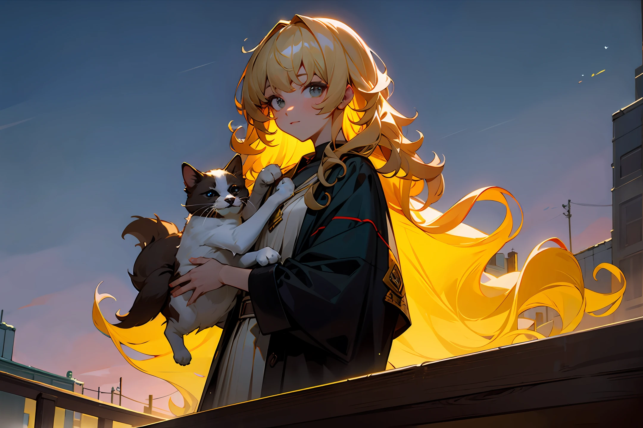 (masterpiece:1.2), (best quality:1.2), night, (looking at viewer), brightskin, exteriors, By bangs, long whitr hair, (curlies),holding animal