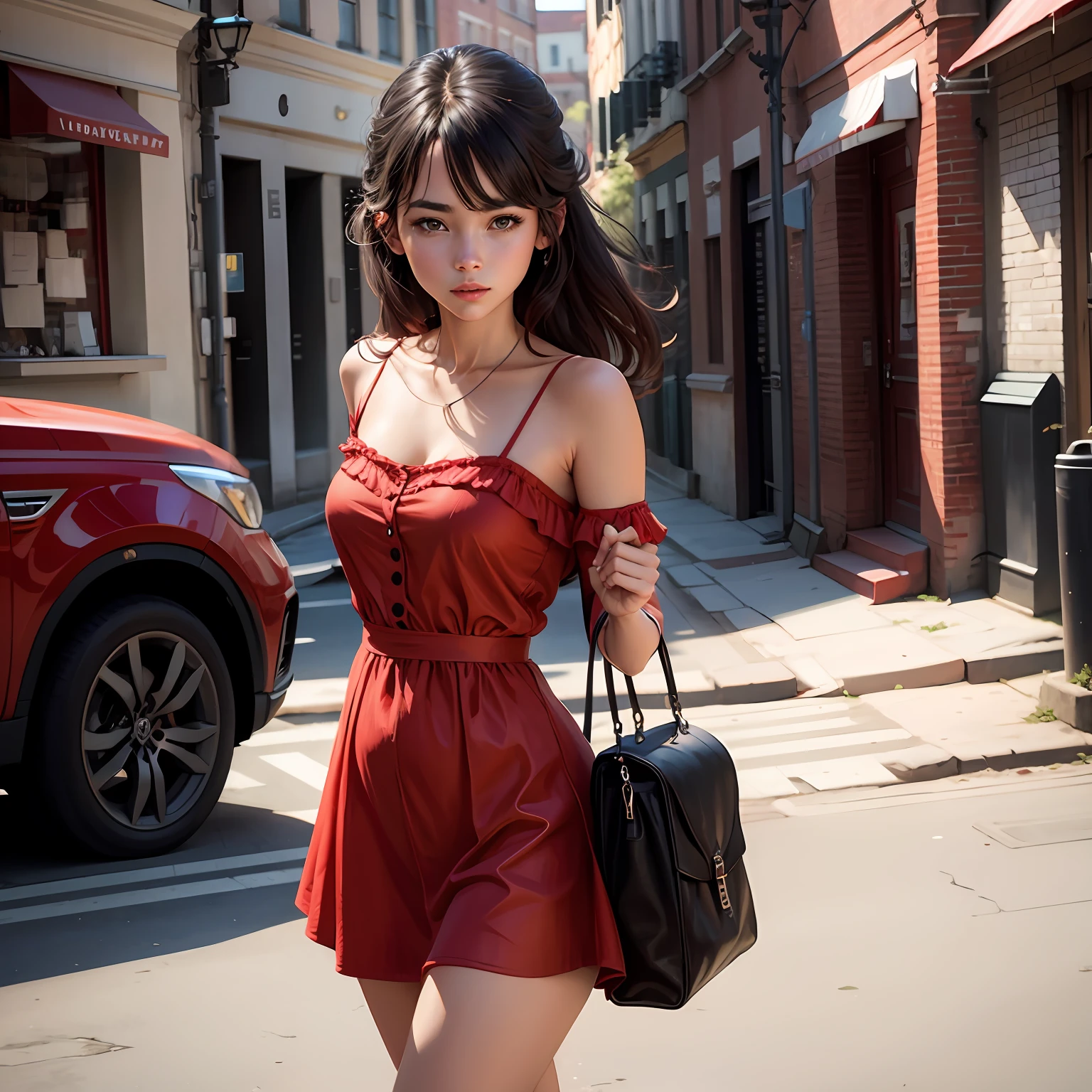 Young woman in a short red dress --auto