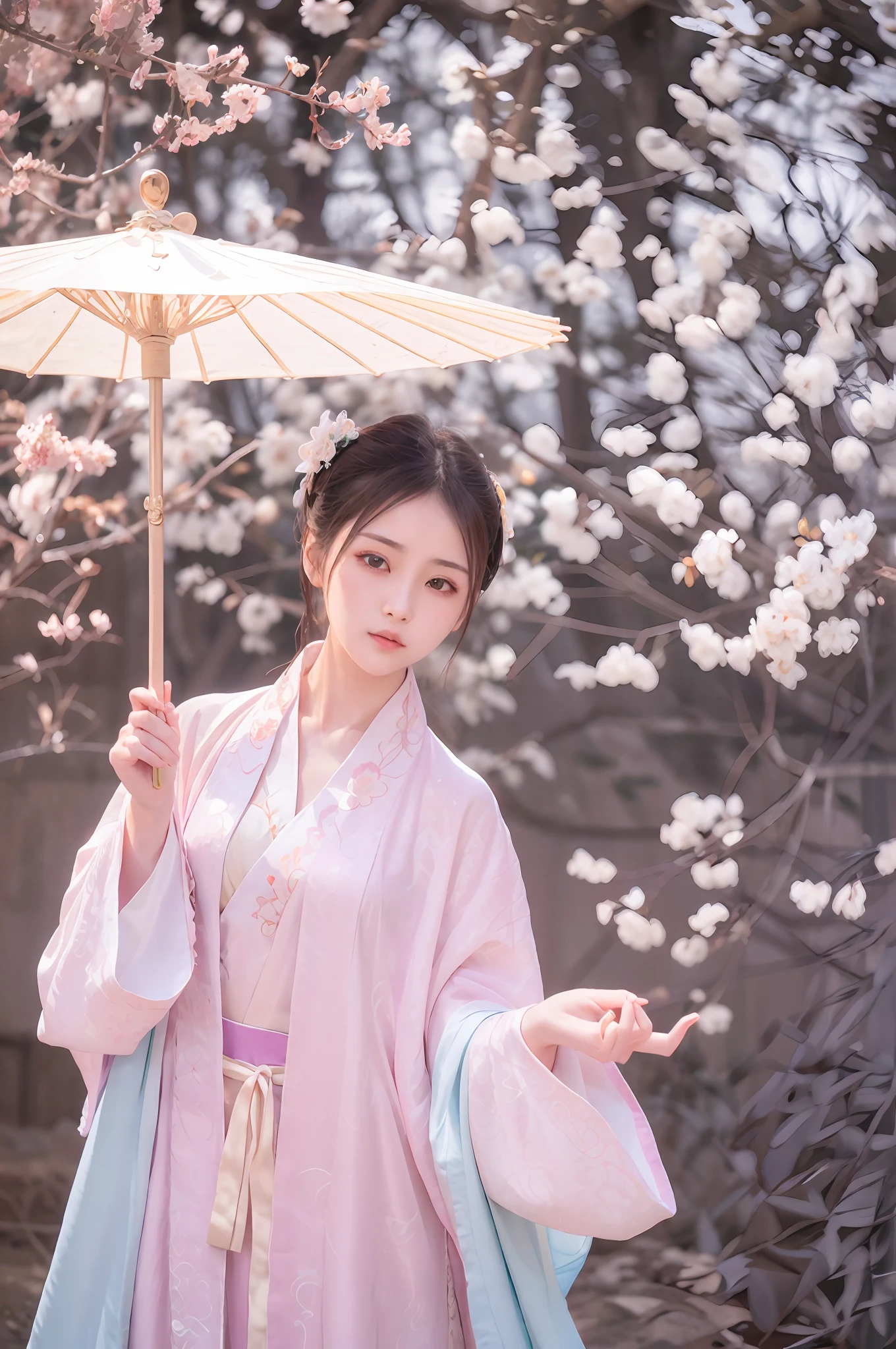 Woman in swimsuit holding up umbrella in front of tree, Palace , A girl in a swimsuit, Wearing ancient Chinese clothes, Hanfu, with acient chinese clothes, Traditional Chinese clothing, White Hanfu, Chinese woman, Wear a gorgeous silk swimsuit, Chinese costume, flowing sakura-colored silk, ancient chinese beauti
