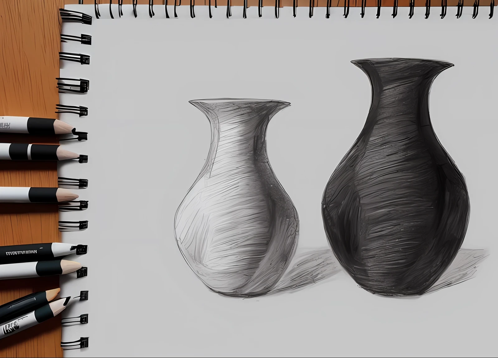 (drawing with a black pencil), (drawing a sketch), (drawing the outline), still life, vase with turtleneck, tapered at the neck, porcelain vase, 1 apple