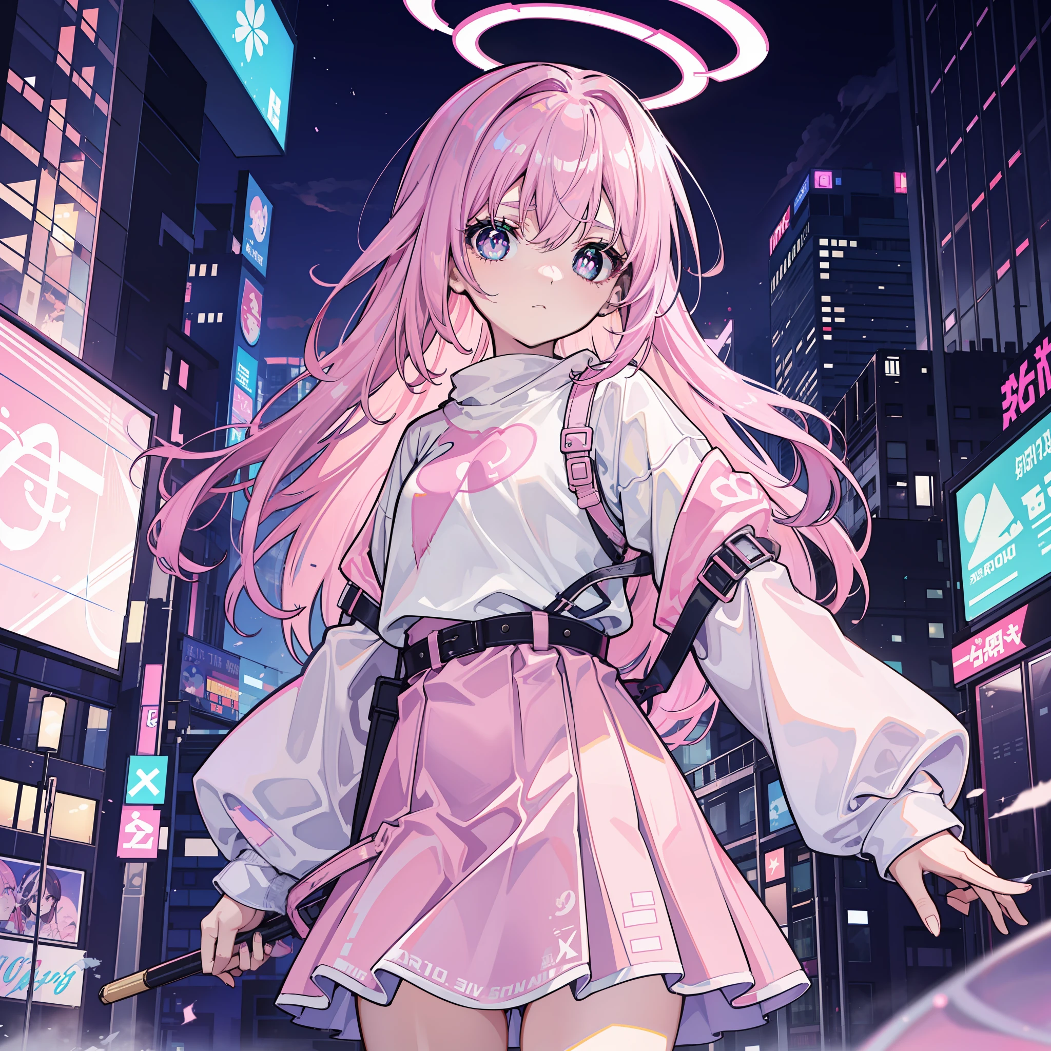 A girl,Pink Long Hair,With a petite figure,Pink sweatshirt,White pleated skirt,Green-purple pupils,city ruins background,Overhead halo,Arc circumference,Pain in the eyes,wounded,bleed
