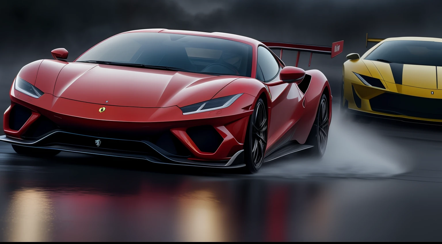 raw photo,realistic, 8k, high detailed, race in Paris, racing cars Ferrari, Lamborghini, Porsche, supercars, heavy rain, focus showing high speed, crowd, official race, overtaking, drifting, water projections, friction