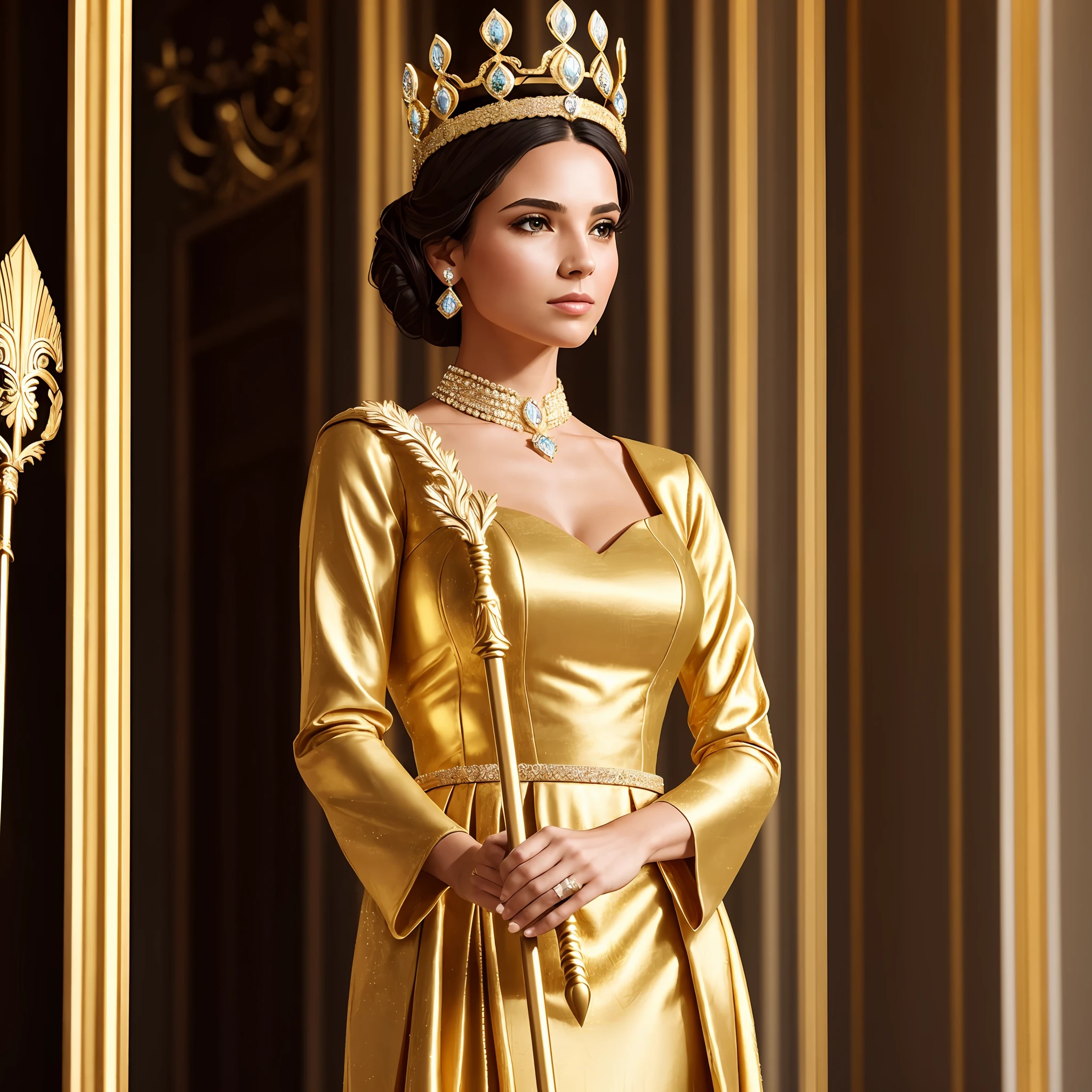 A woman who is,She has a crown on her head,Holding a golden reflective scepter in his hand,facing away,Face to the right,Wear a sophisticated royal dress,hyper-detailing,Super refined,Super textured,In the daytime, --auto