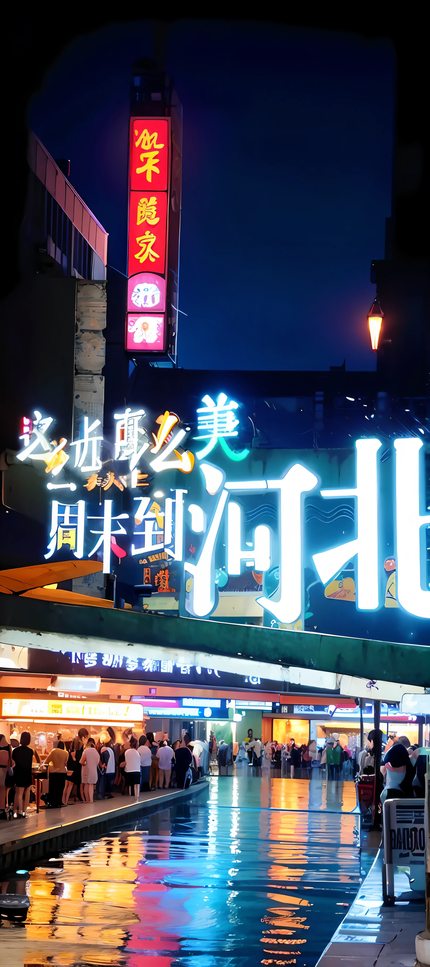 There is a sign saying that it is the name of a city, photo taken at night, during night, neon signs in background, shenzhen, Chiba Yuda, Huge neon signboard, Li Zixin, night shot, full - view, makes the sea area glowing water, jinyiwei, guangjian, From below, Apply the appropriate added material