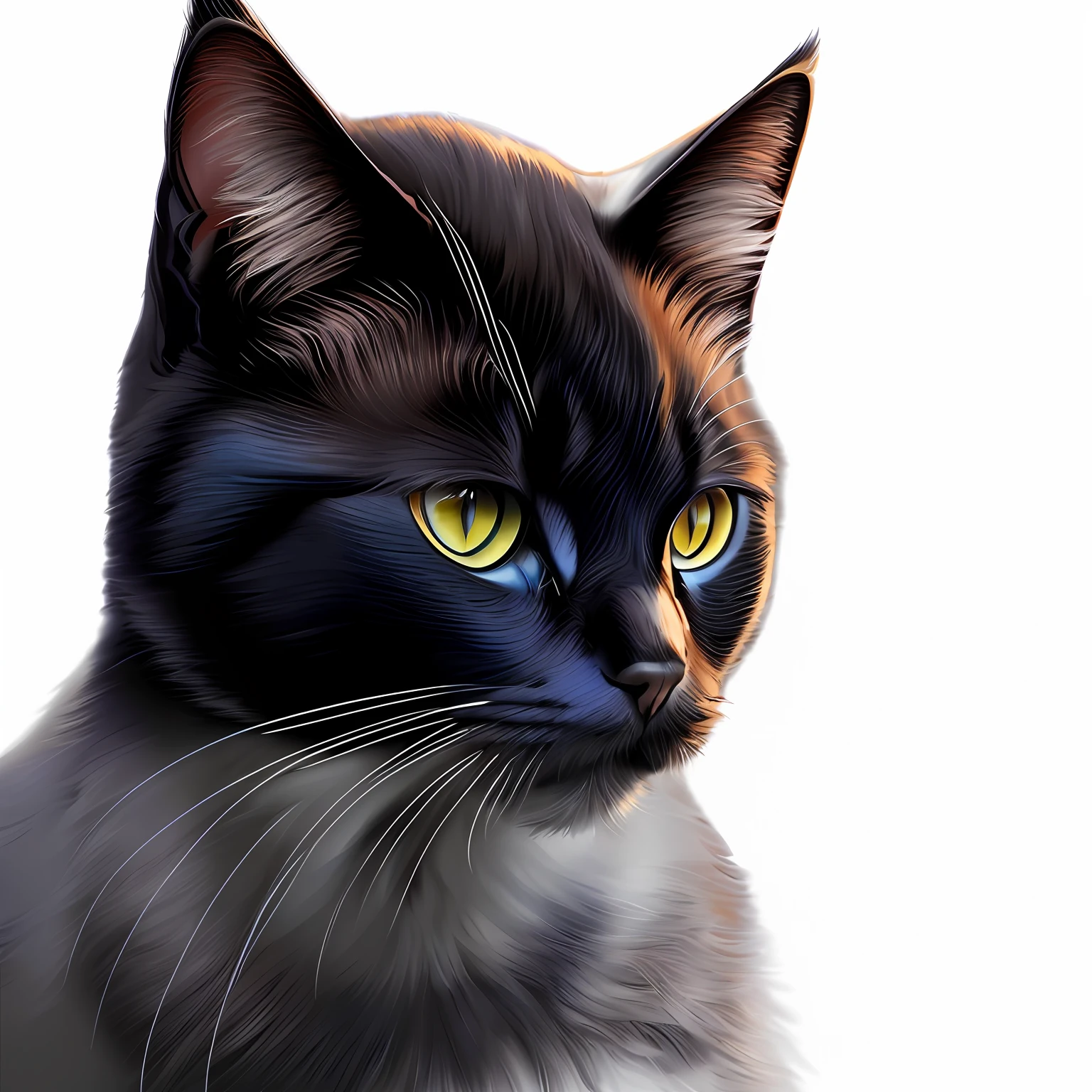 There was a black cat with blue eyes staring at something, cat. of realistic paintings, cat portrait, portrait of ultra realistic, illustration of a cat, digital painting highly detailed, cat detailed, Digital art. Highly detailed, , a portrait of a cat, high quality portrait, drawn with photoshop, digital painted, cat portrait painting
