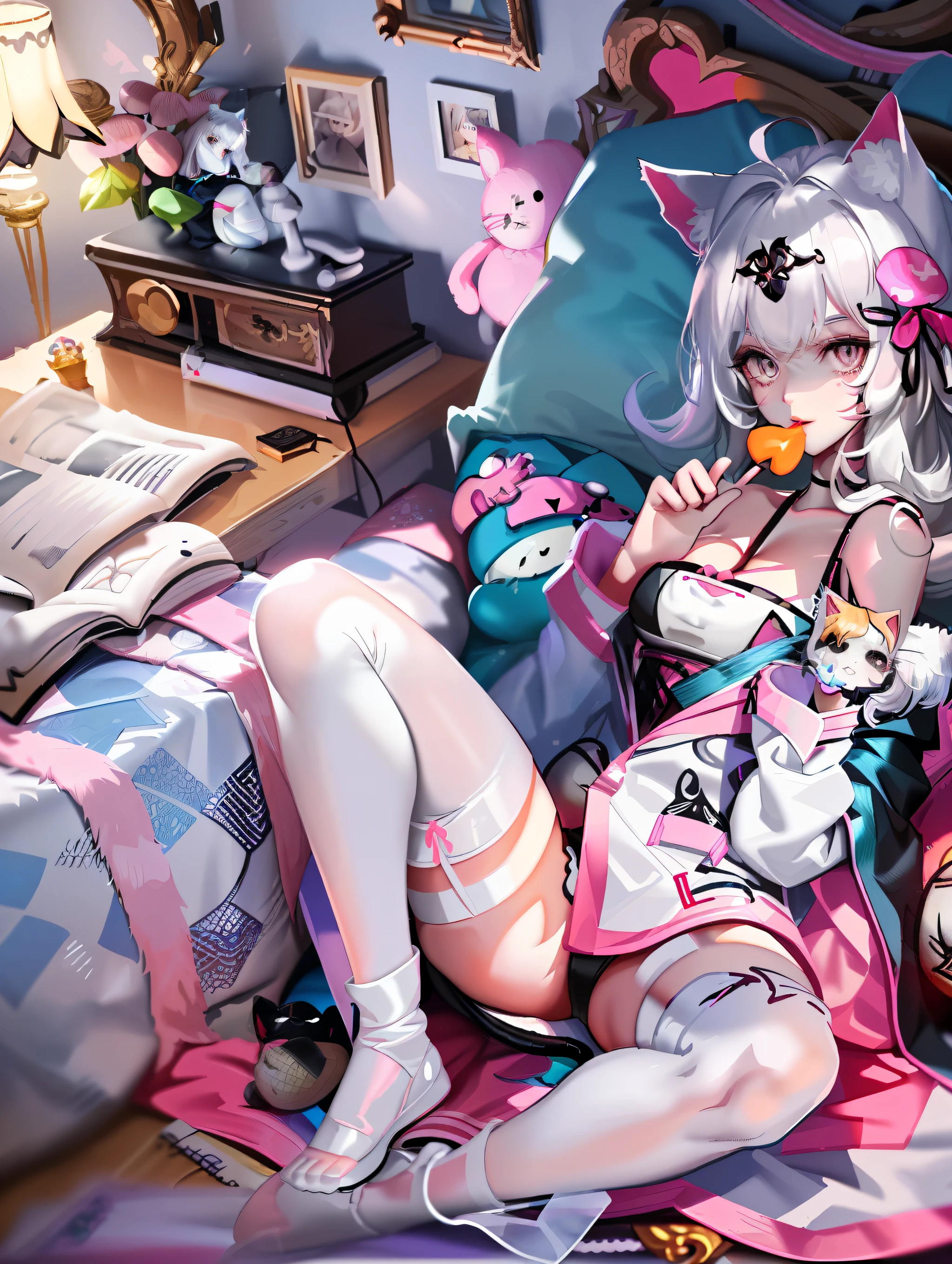 Wear very little,White fluffy hair,Pink lips,Feminine eyes,Fair skin,D-cups,Sexual organs loom,Spread your legs,White legs can be seen,Mushroom-shaped plastic toy in his mouth,,Wearing cat ears,Overlooking,Look at you affectionately,Sun-drenched queen bedroom