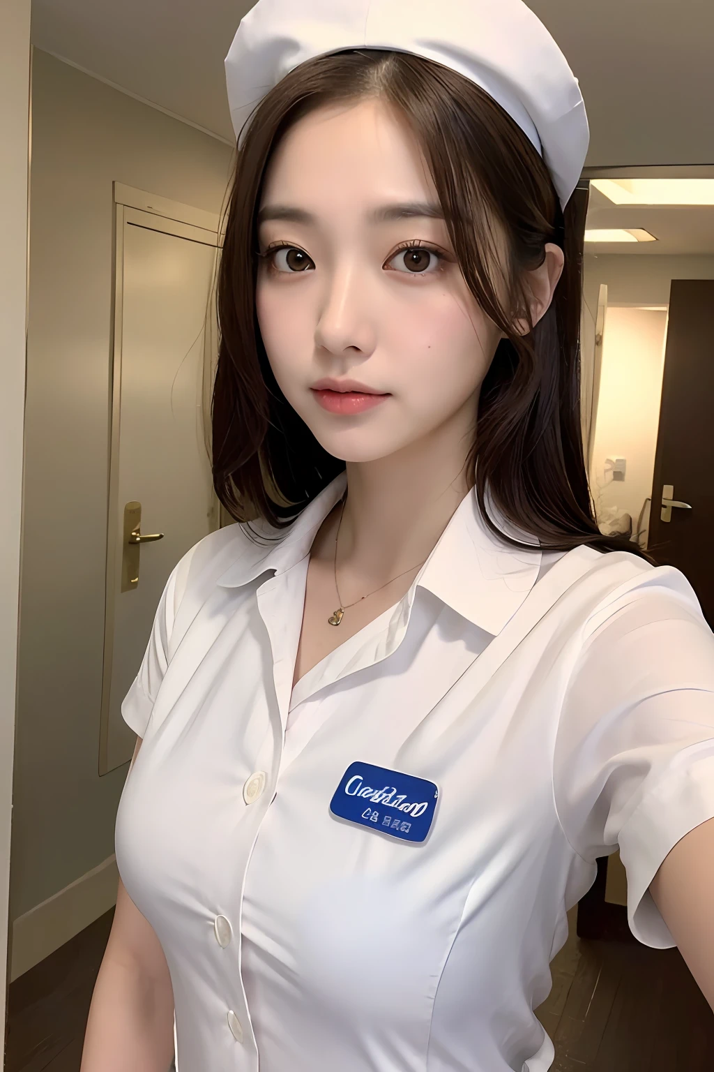 (Best quality, 8k, 32k, Masterpiece, UHD:1.2),Photo of Pretty Japanese woman, 1girl, (medium-short dark brown hair), (large breasts), double eyelid, White nurse uniform, small white nurse (cap), white shirt, open shirt, hospital, patient's room, upper body, sexy