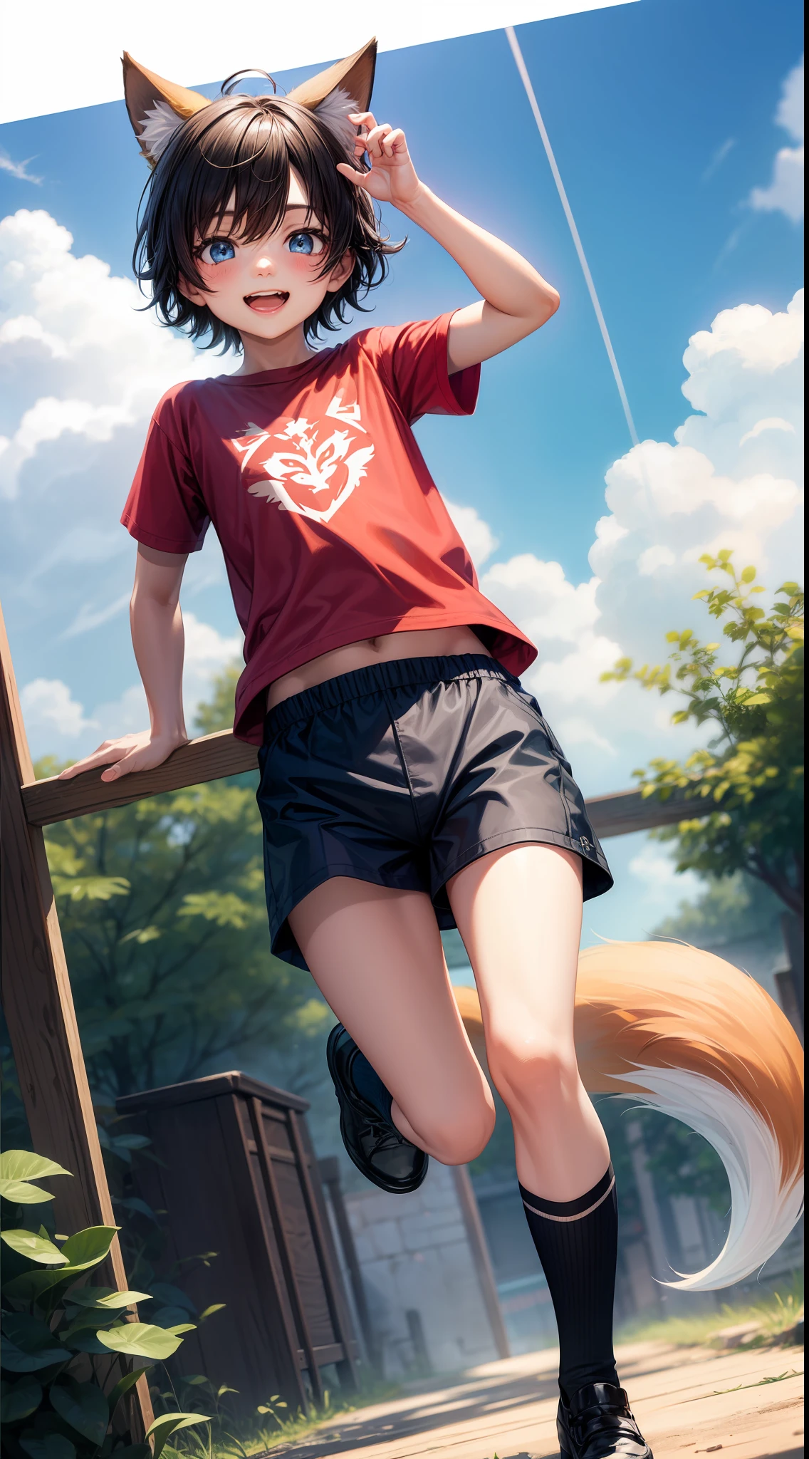 little boy, short black hair, Fox ears, Foxtail, blue eyes, ssmile, tshirt, briefs, Jumps, Masterpiece, hiquality